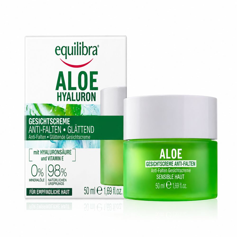 Equilibra Aloe Hyaluron Gesichtscreme, 50ml Tiegel und Faltschachtel.