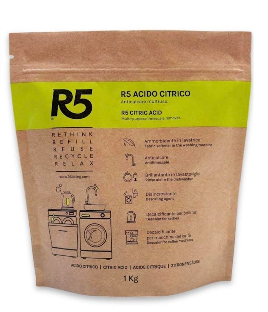 Beutel mit R5 Acido Citrico Polvere. Grün-gelbe Schrift auf braunem Papier. Text: Anticalcare Multiuso, Brillantante e Ammorbidente.