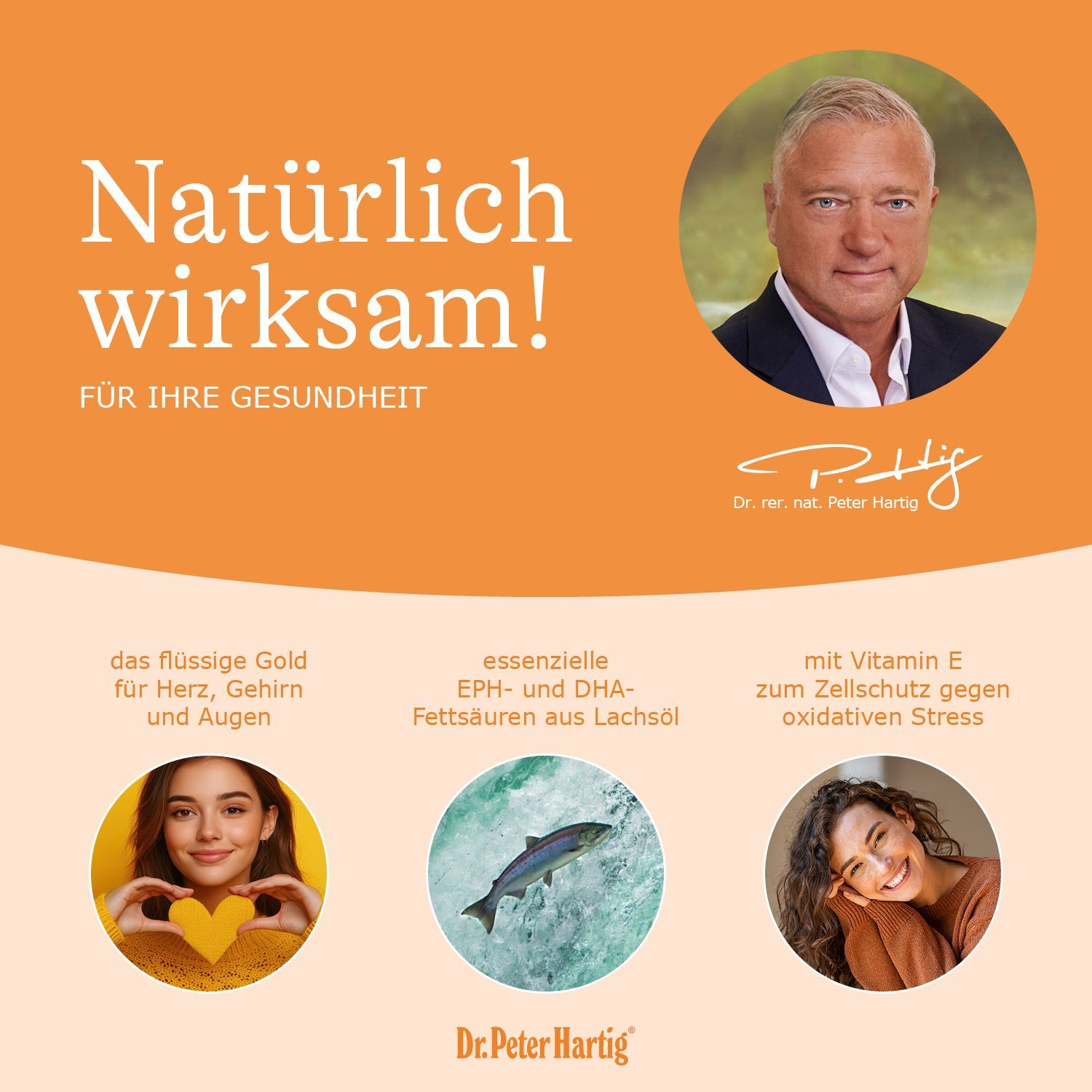 Orangefarbene Seite mit Text. Oben: "Unsere Verzehrempfehlung". In der Mitte: zwei Kapseln. Unten: Nährstofftabelle.
