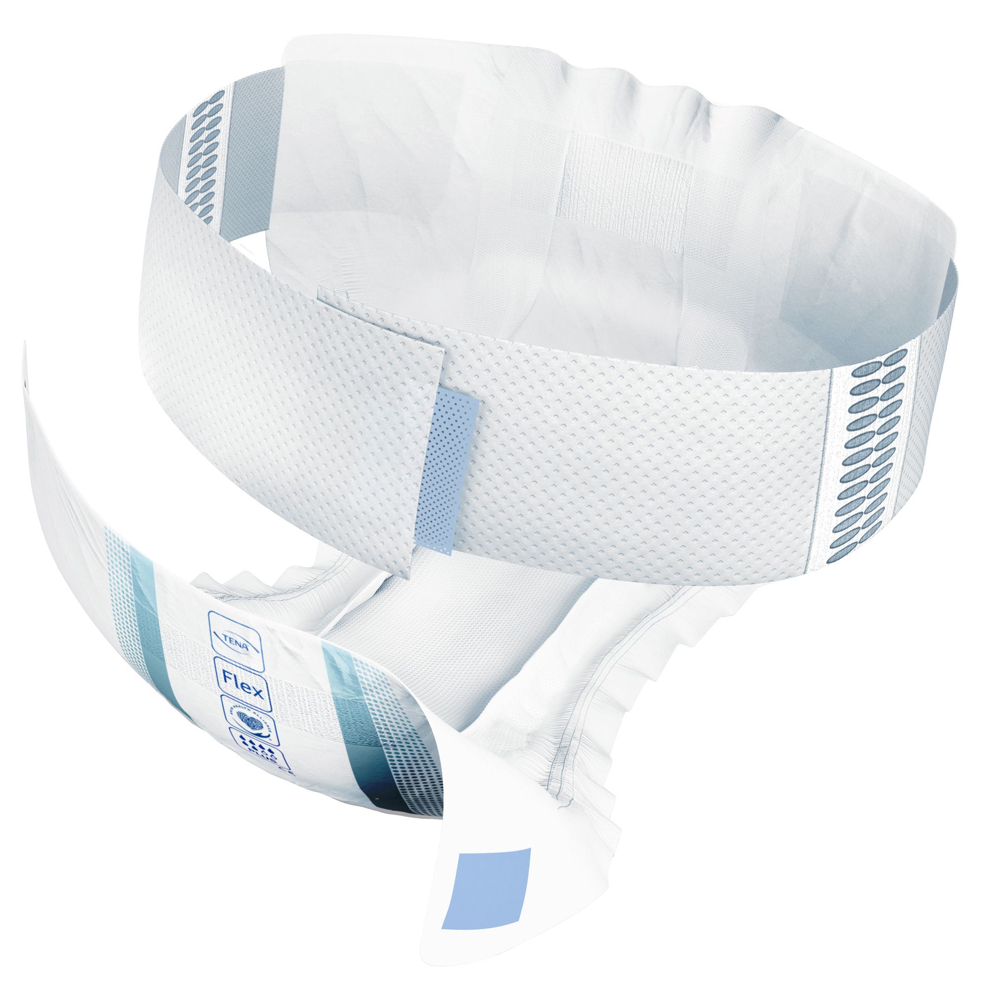 Ein TENA Flex Plus Inkontinenz-Slip mit breitem Hüftbund und Klebestreifen.
