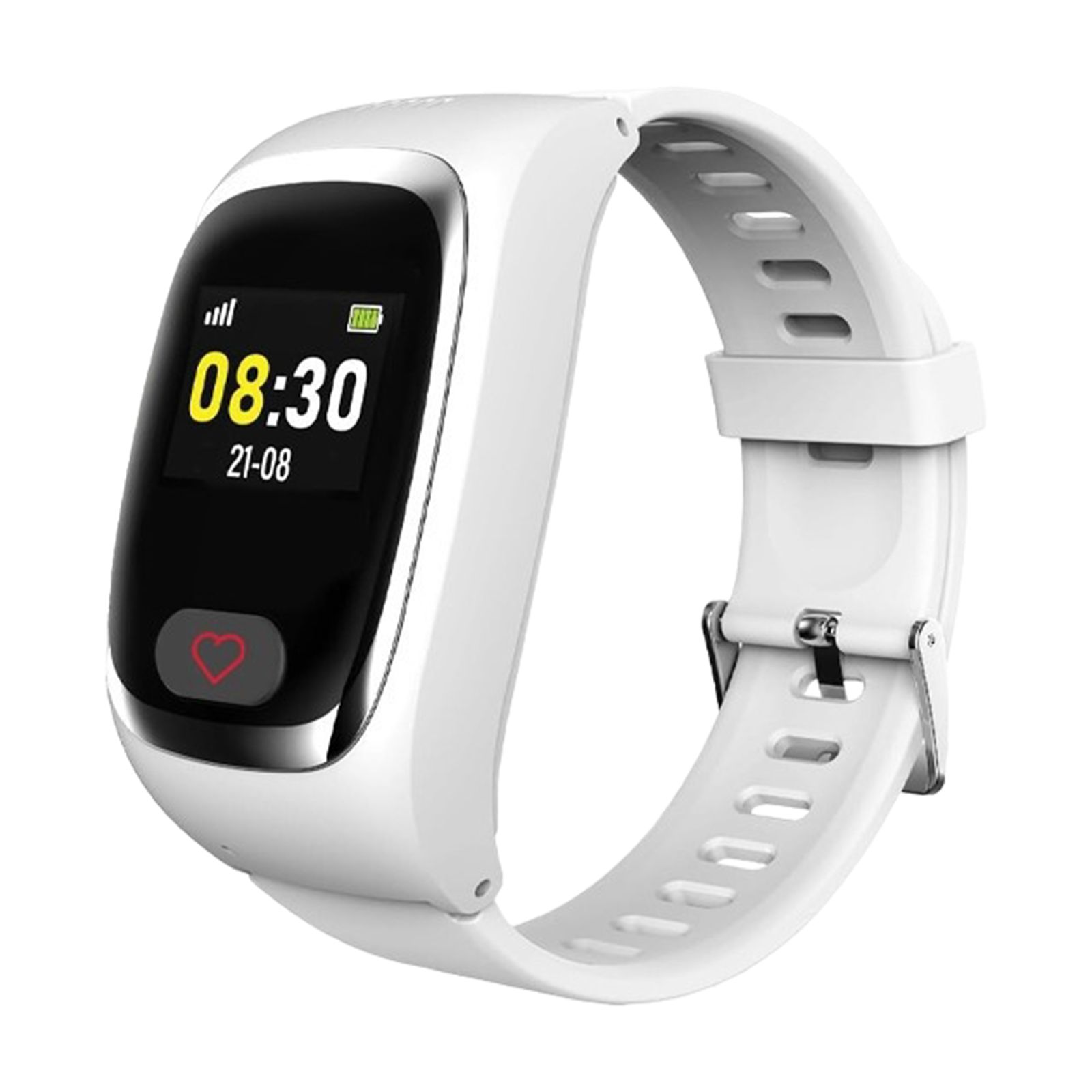 Weisse Smartwatch mit schwarzem Display. Zeigt Uhrzeit und Herzsymbol. Silbern umrandetes Gehäuse, weisses Armband.