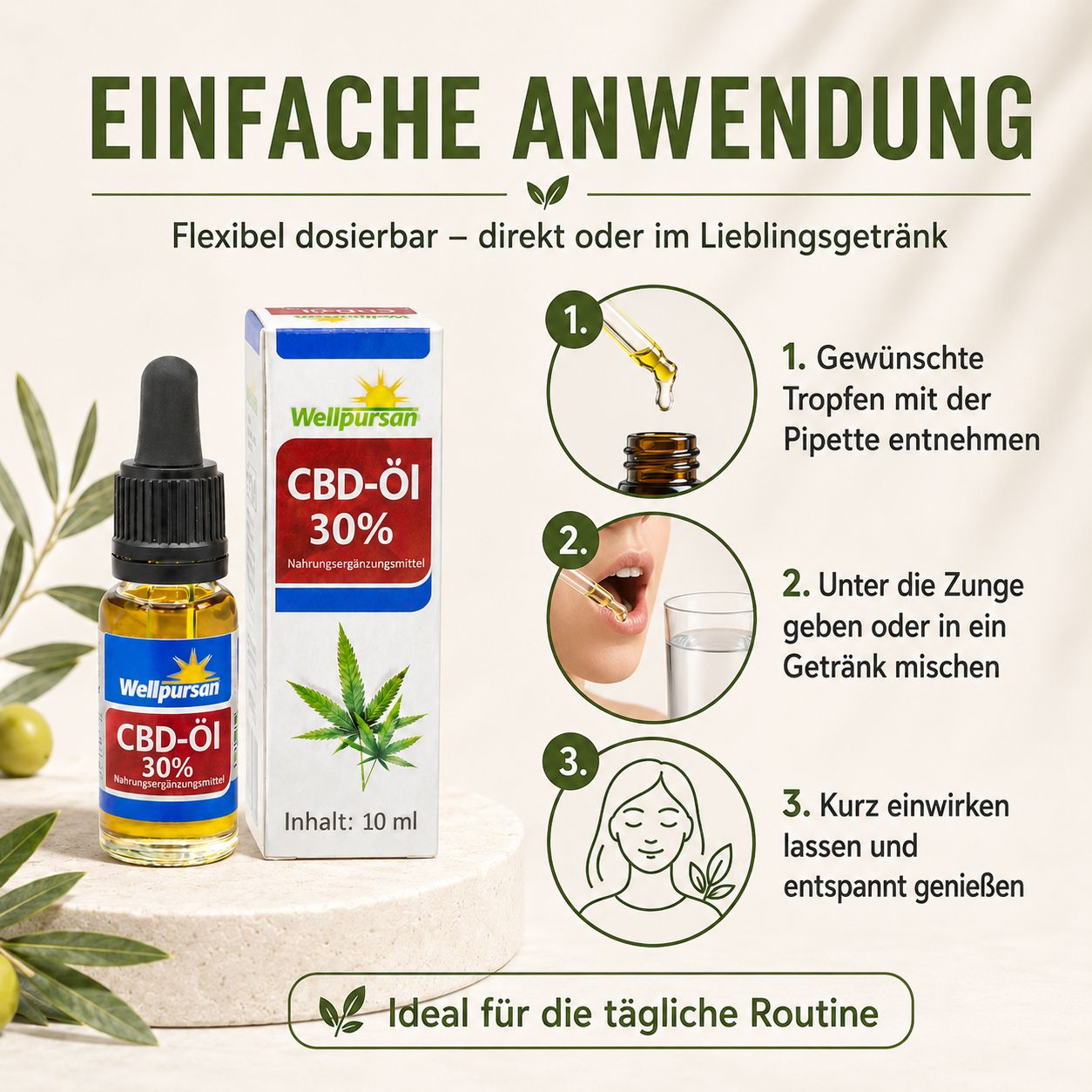 Wellpursan CBD-Öl 30% Flasche mit Pipette, Faltschachtel, Icons für EU, Qualität, Vegan, Halal.