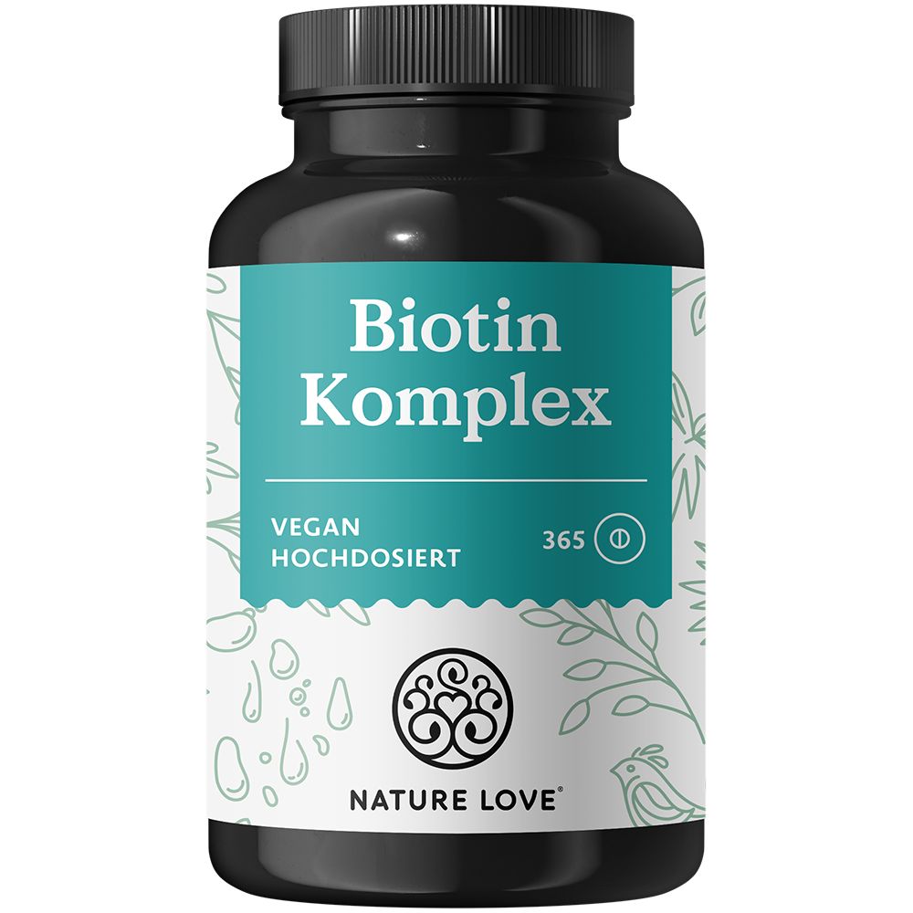 Schwarze Flasche mit weißem Etikett. Aufschrift: Biotin Komplex, Vegan, 365 Tabletten. Marke: NATURE LOVE®.