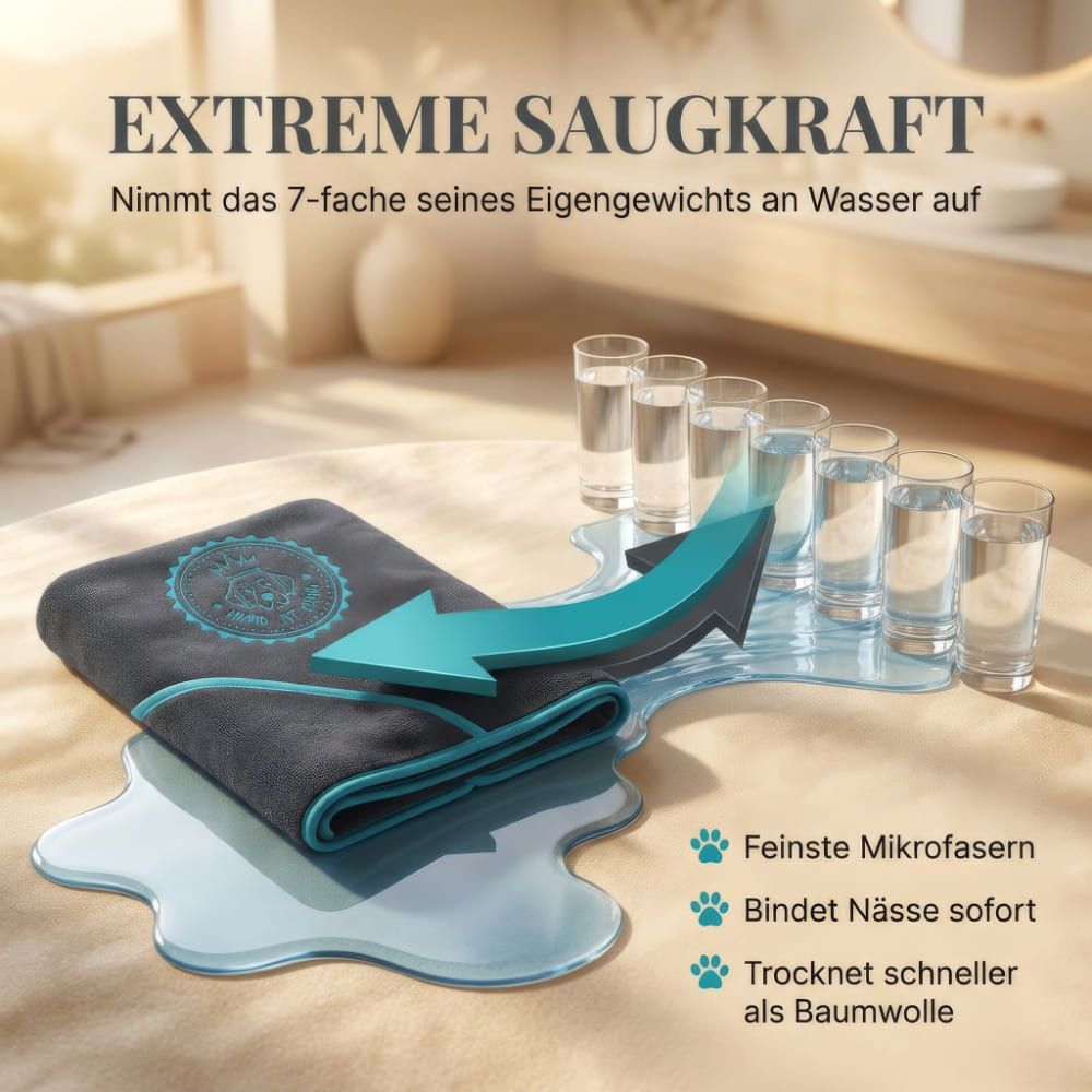Graues Hundehandtuch neben Wasserpfützen. Text: Extreme Saugkraft. Nimmt das 7-fache seines Eigengewichts an Wasser auf.