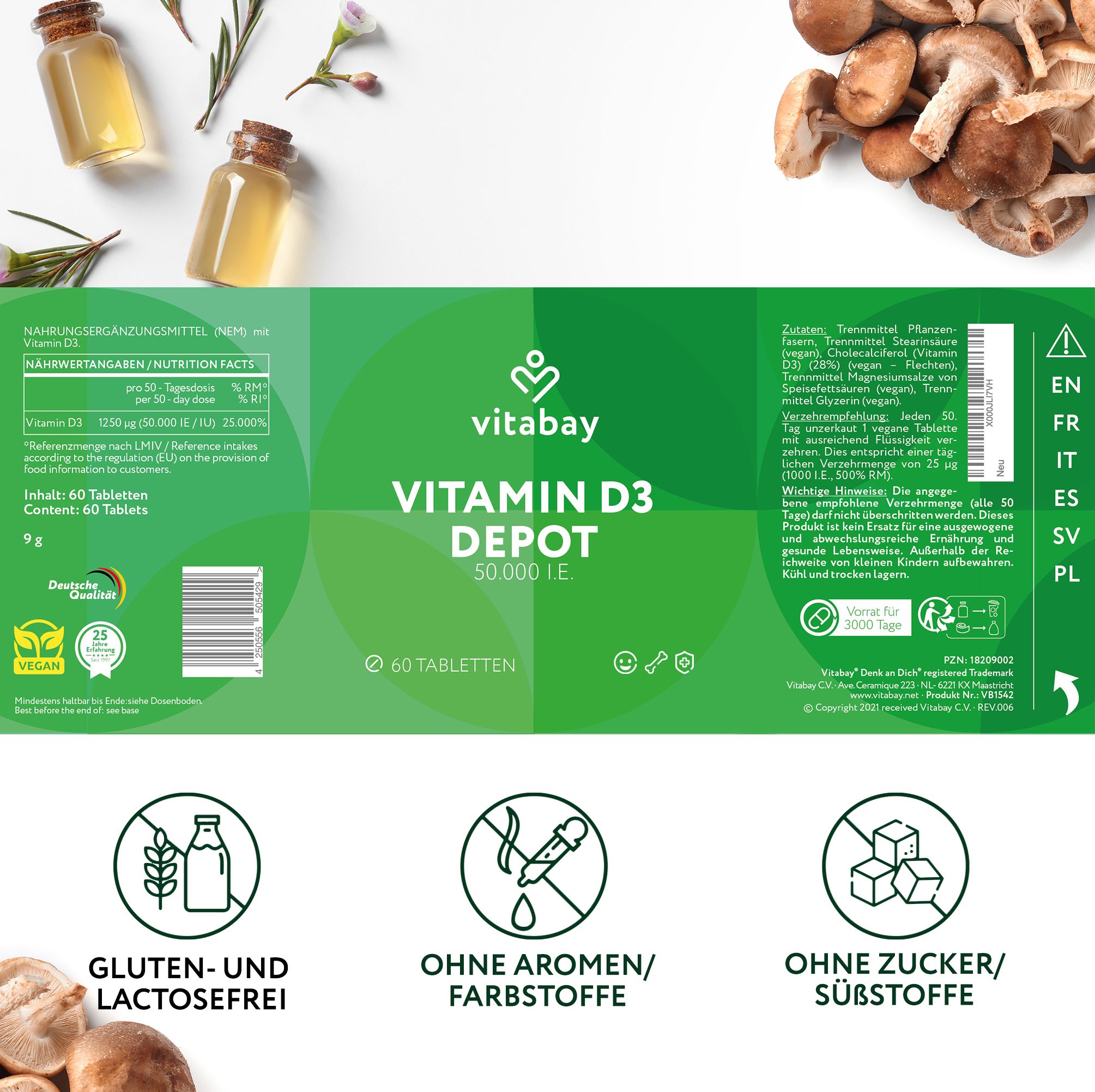 Vitabay Vitamin D3 Depot 50.000 I.E. Tabletten. 60 Tabletten. Gluten- und laktosefrei. Ohne Aromen/Farbstoffe. Ohne Zucker/Süßstoffe.