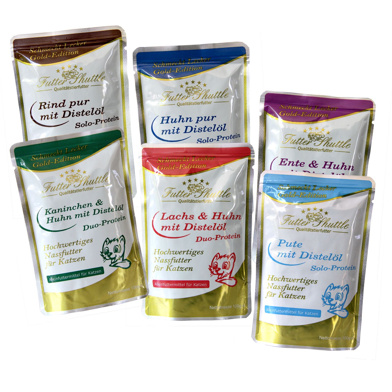 Mehrere Beutel Katzenfutter, Gold Edition. Verschiedene Geschmacksrichtungen: Rind, Huhn, Ente, Pute, Lachs & Huhn, Kaninchen & Huhn. Aufdrucke: Futter Shuttle, mit Distelöl, Duo-Protein, Solo-Protein.