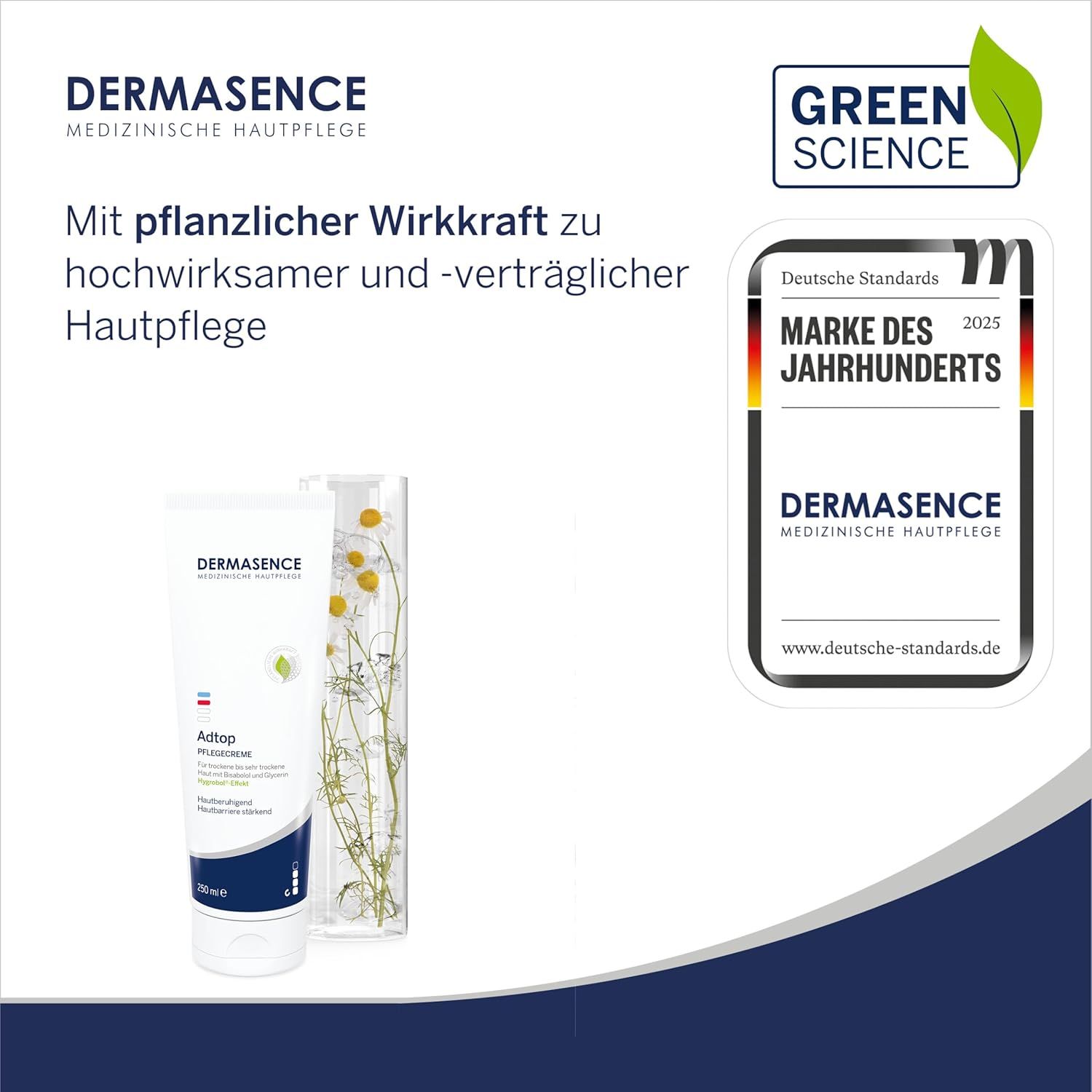 Creme-Tube mit Produktnamen und Logo. Zertifizierungen: Green Science, Marke des Jahrhunderts. Hintergrund: Pflanzen.