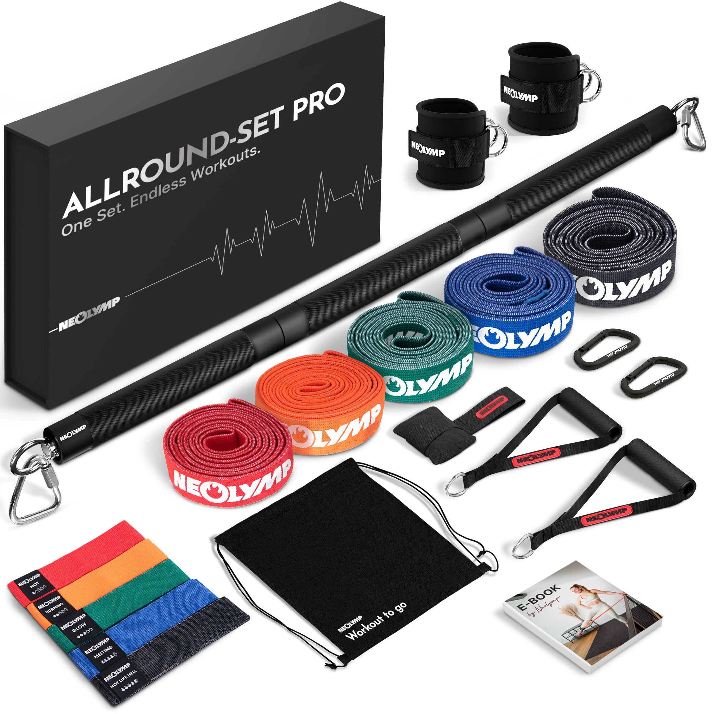 Fitnessband-Set mit Zubehör. Enthält Bänder, Stange, Griffe, Fußschlaufen, Karabinerhaken, Tragetasche und E-Book. Schwarze Box mit Schriftzug.