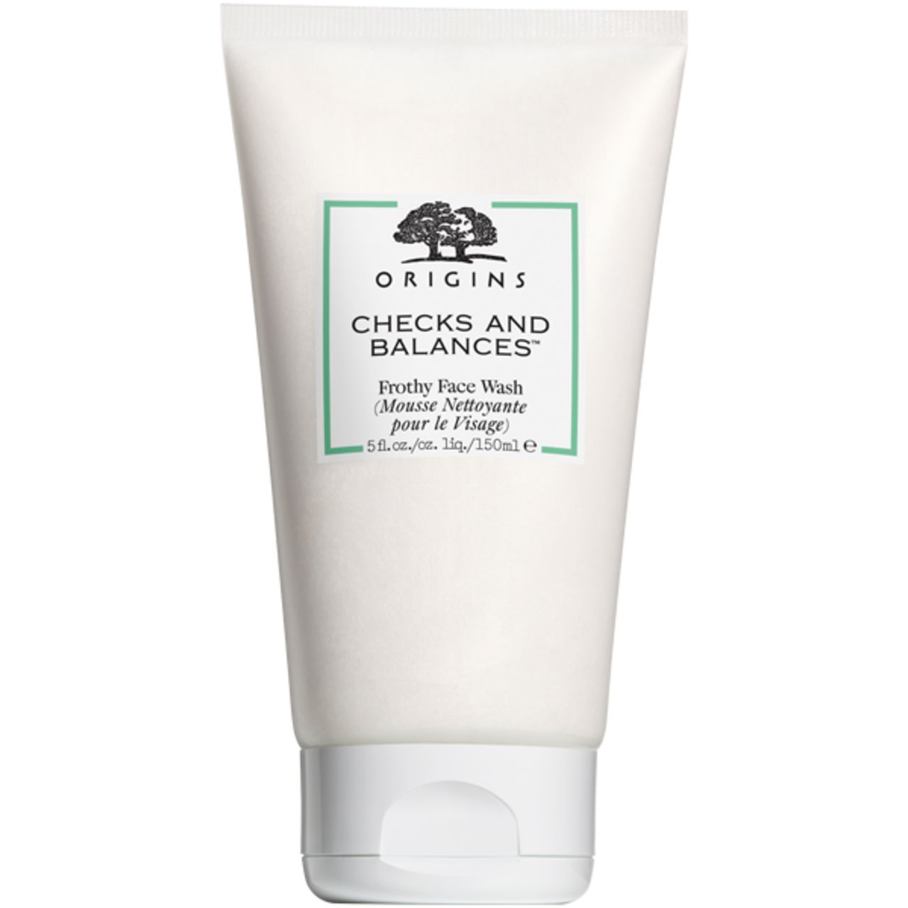 Weiße Tube mit grünem Etikett. Aufschrift: ORIGINS, CHECKS AND BALANCES, Frothy Face Wash. 150ml.