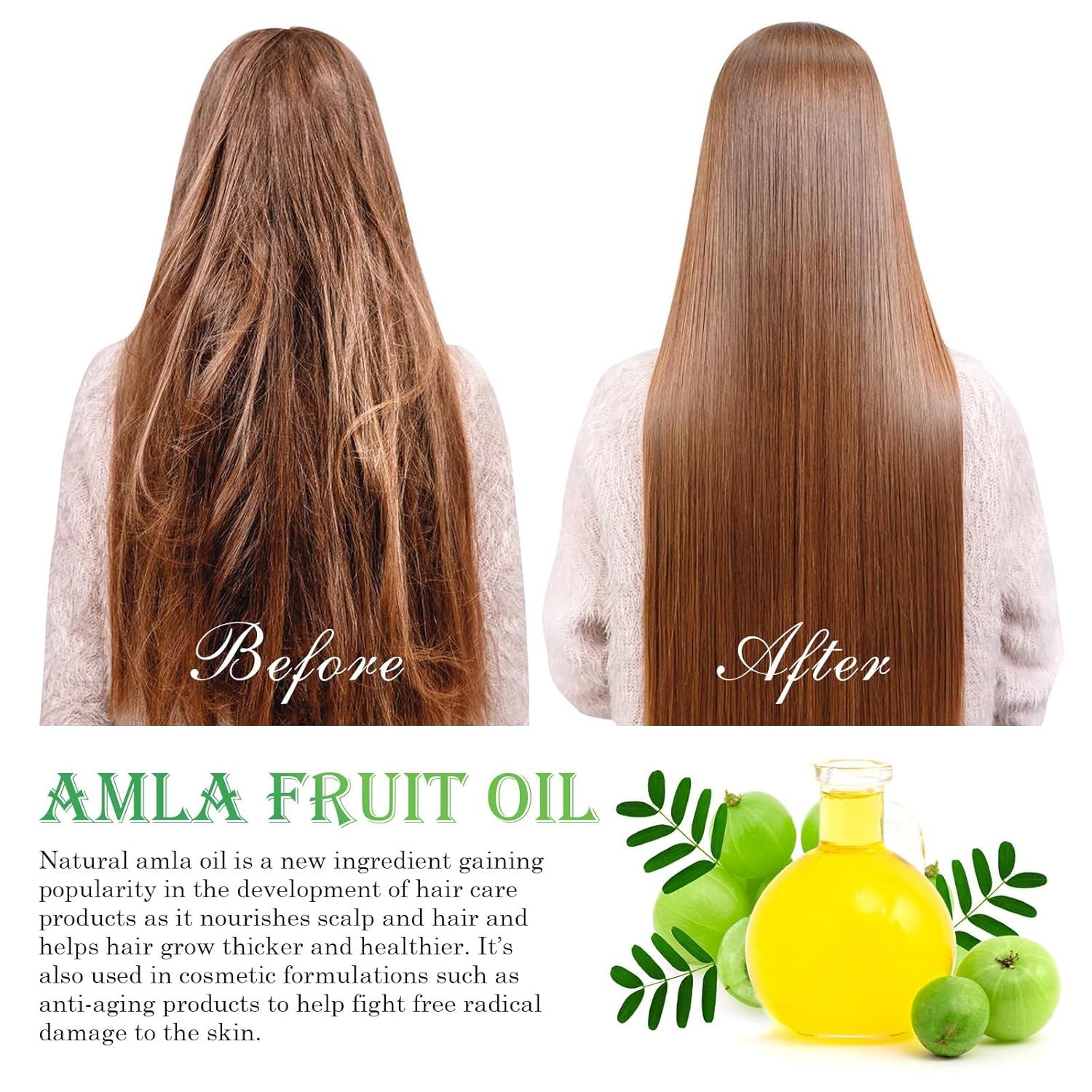 Vorher-Nachher-Vergleich von Haaren. Links: trockenes Haar. Rechts: glattes Haar. Text: Amla Fruit Oil. Abbildung: Amla-Früchte und Ölflasche.