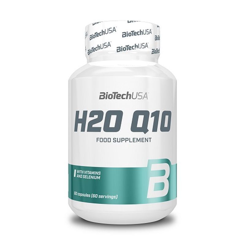 Weiße Flasche mit Kapseln. Aufschrift: BioTechUSA, H2O Q10, Food Supplement. Mit Vitaminen und Selen. 60 Kapseln.