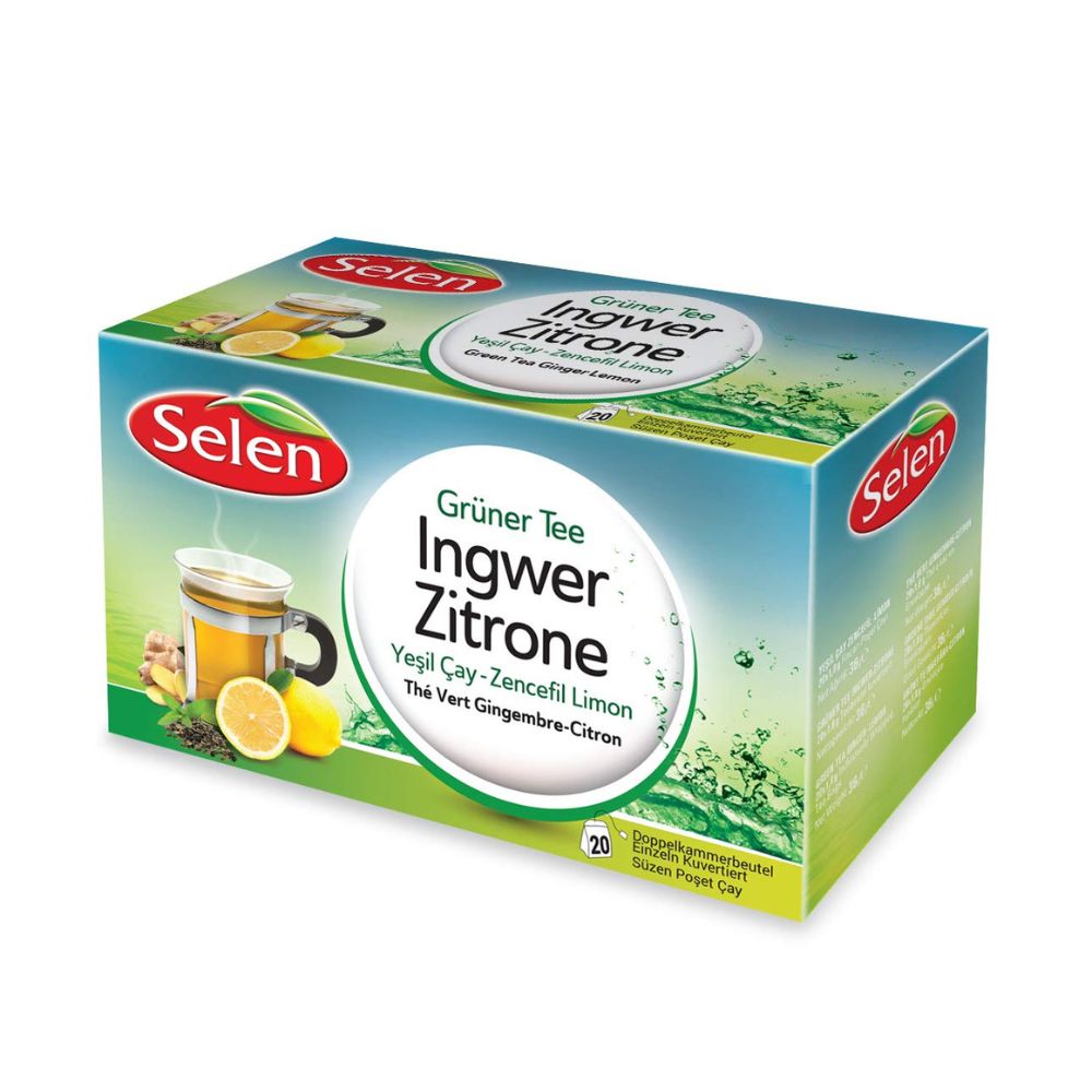Verpackung mit SELEN Grüner Tee Ingwer-Zitrone. Aufschrift: Grüner Tee Ingwer Zitrone, Yeşil Çay-Zencefil Limon, Thé Vert Gingembre-Citron. 20 Beutel.