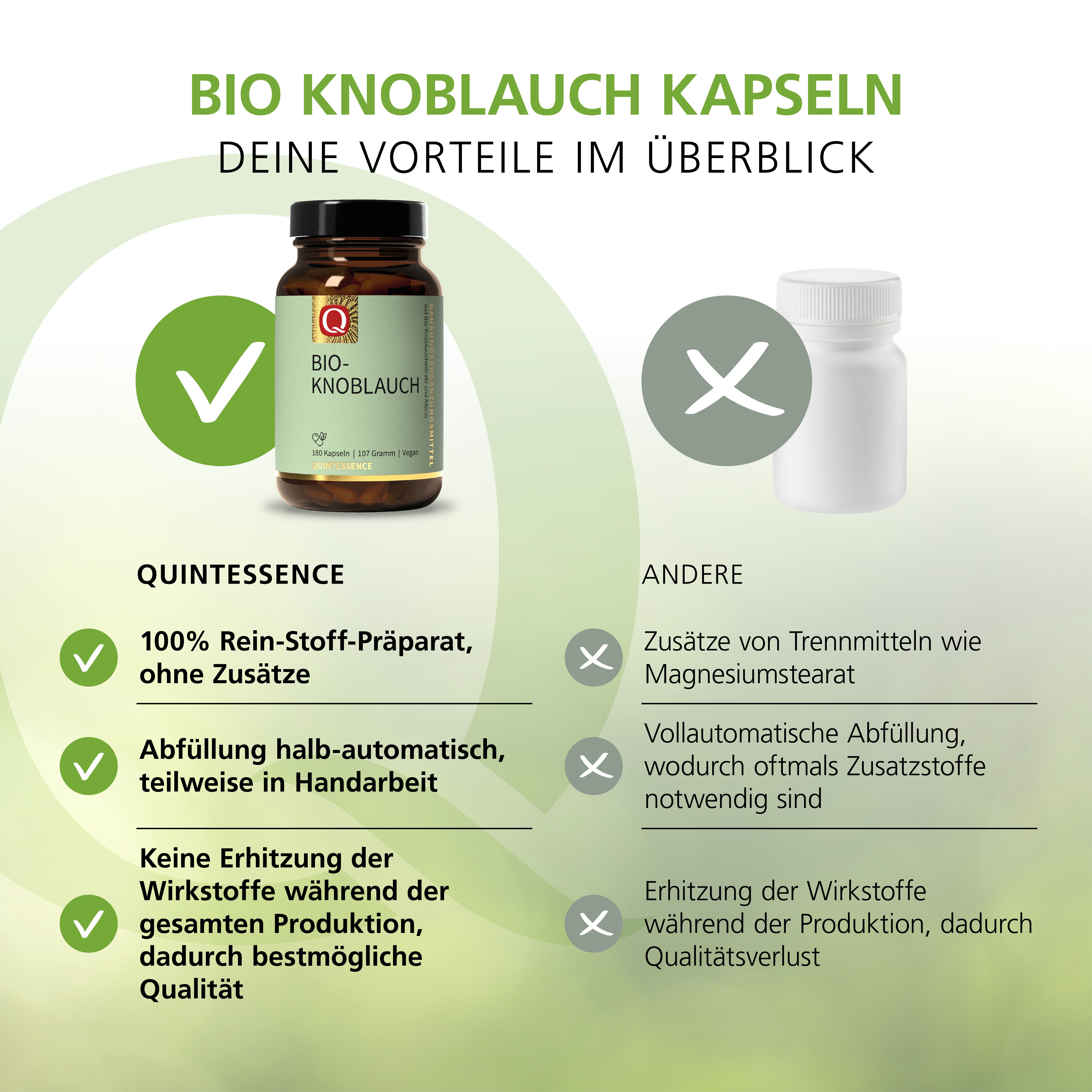 Vergleich Quintessence vs. Andere. Quintessence: 100% Rein-Stoff, halb-automatische Abfüllung, keine Erhitzung. Andere: Zusätze, vollautomatisch, Erhitzung.