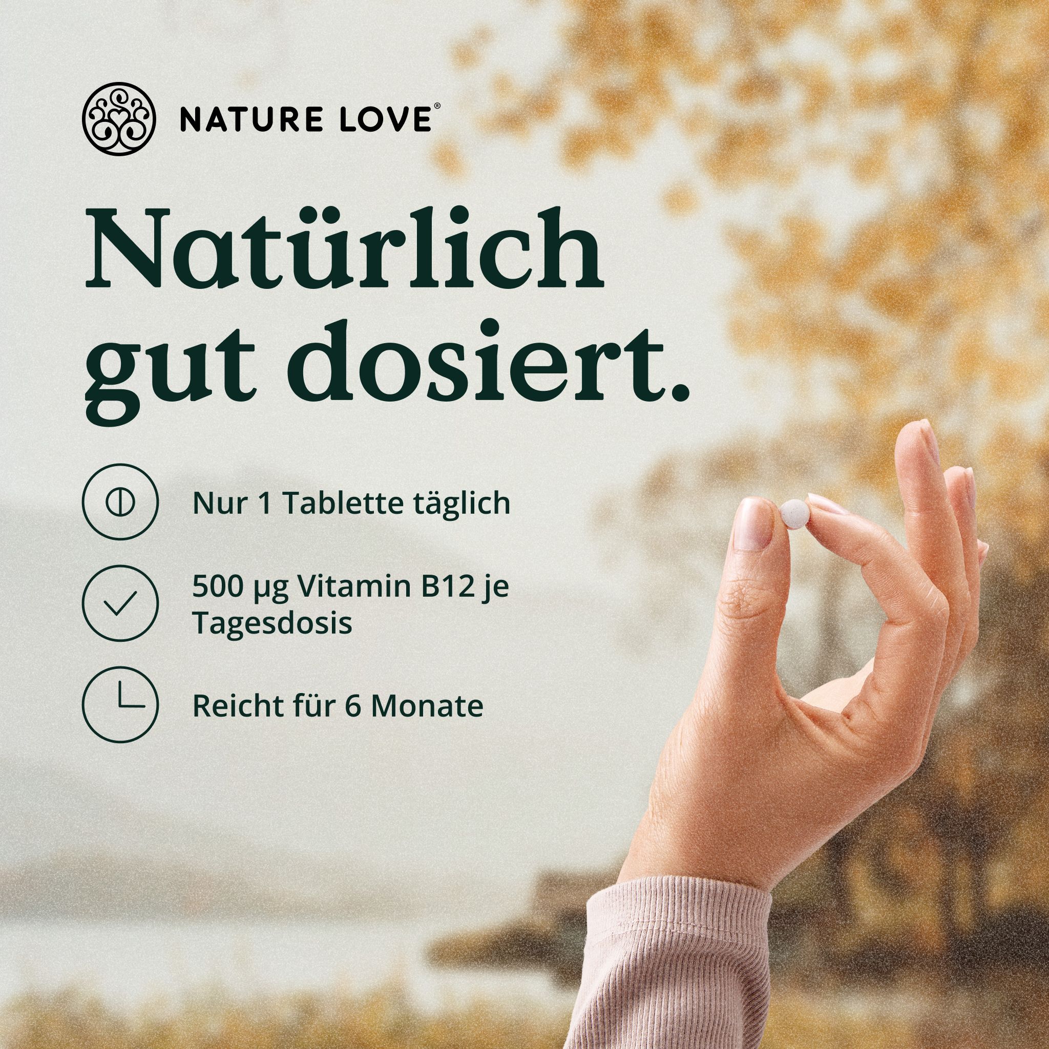 NATURE LOVE: Natürlich gut dosiert. Nur 1 Tablette täglich, 500 µg Vitamin B12. Reicht für 6 Monate.