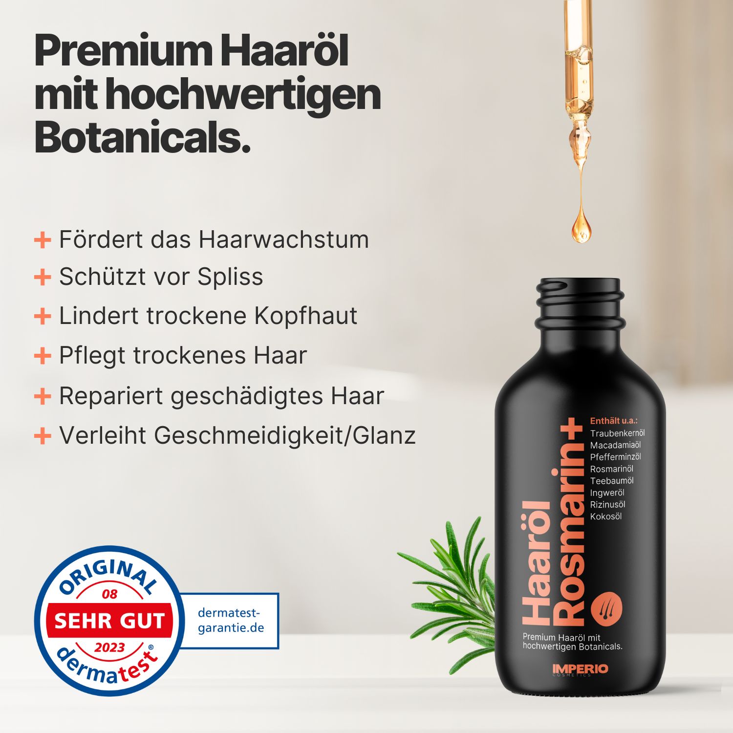 Schwarze Flasche Haaröl Rosmarin+ mit Tropfen. Text: Fördert Haarwachstum, schützt vor Spliss, pflegt Haar.