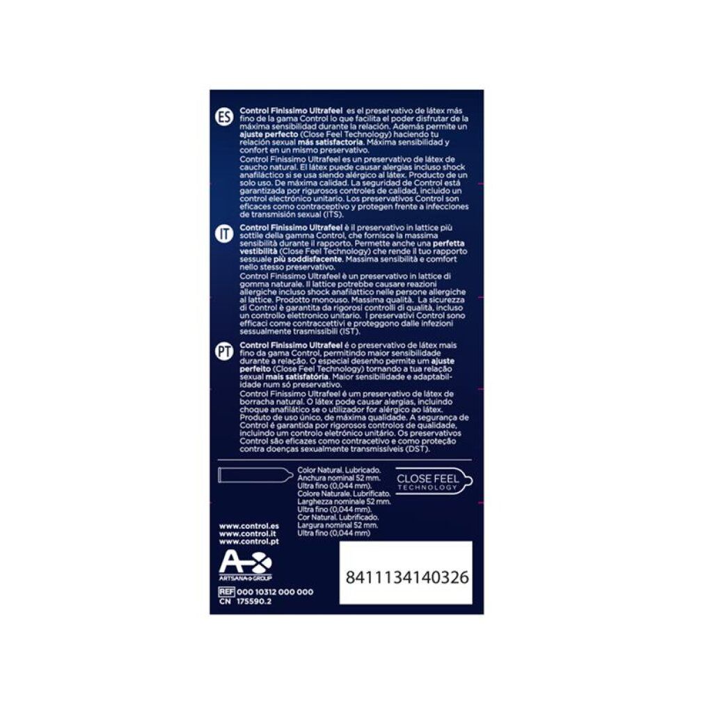 Rückseite der Control Finissimo Ultra Feel Kondompackung. Enthält Informationen und Zertifizierungen.