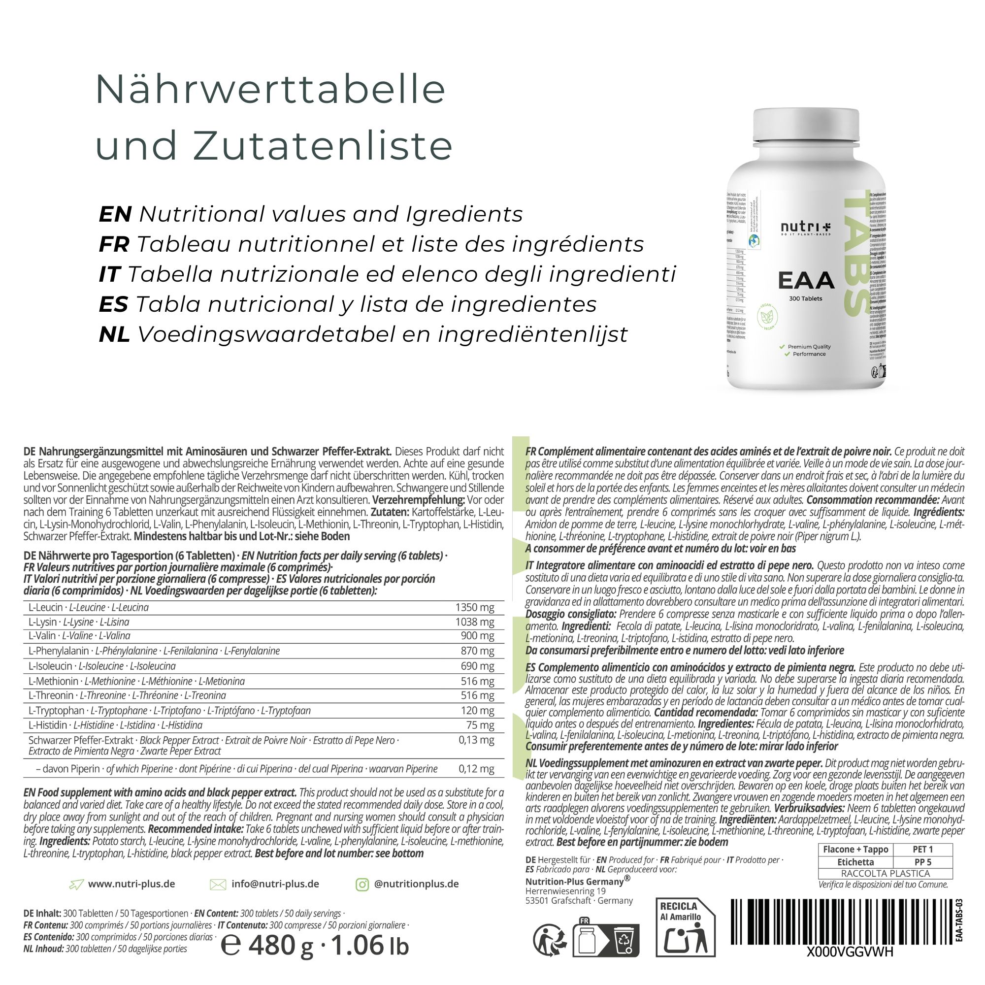 Weiße Flasche mit Tabletten. Aufschrift: nutri+ EAA Tabs. 300 Tabletten. Vegan-Siegel.