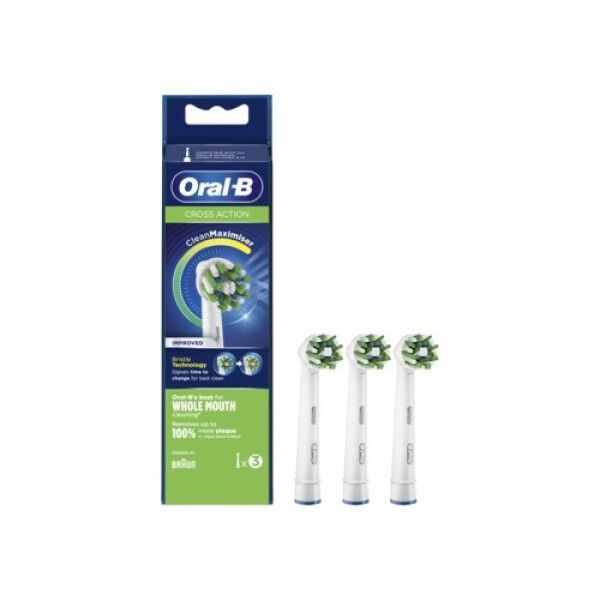 Verpackung mit drei Oral-B CrossAction Aufsteckbürsten. Die Verpackung zeigt das Produkt und den Markennamen. Drei Bürstenköpfe liegen daneben.