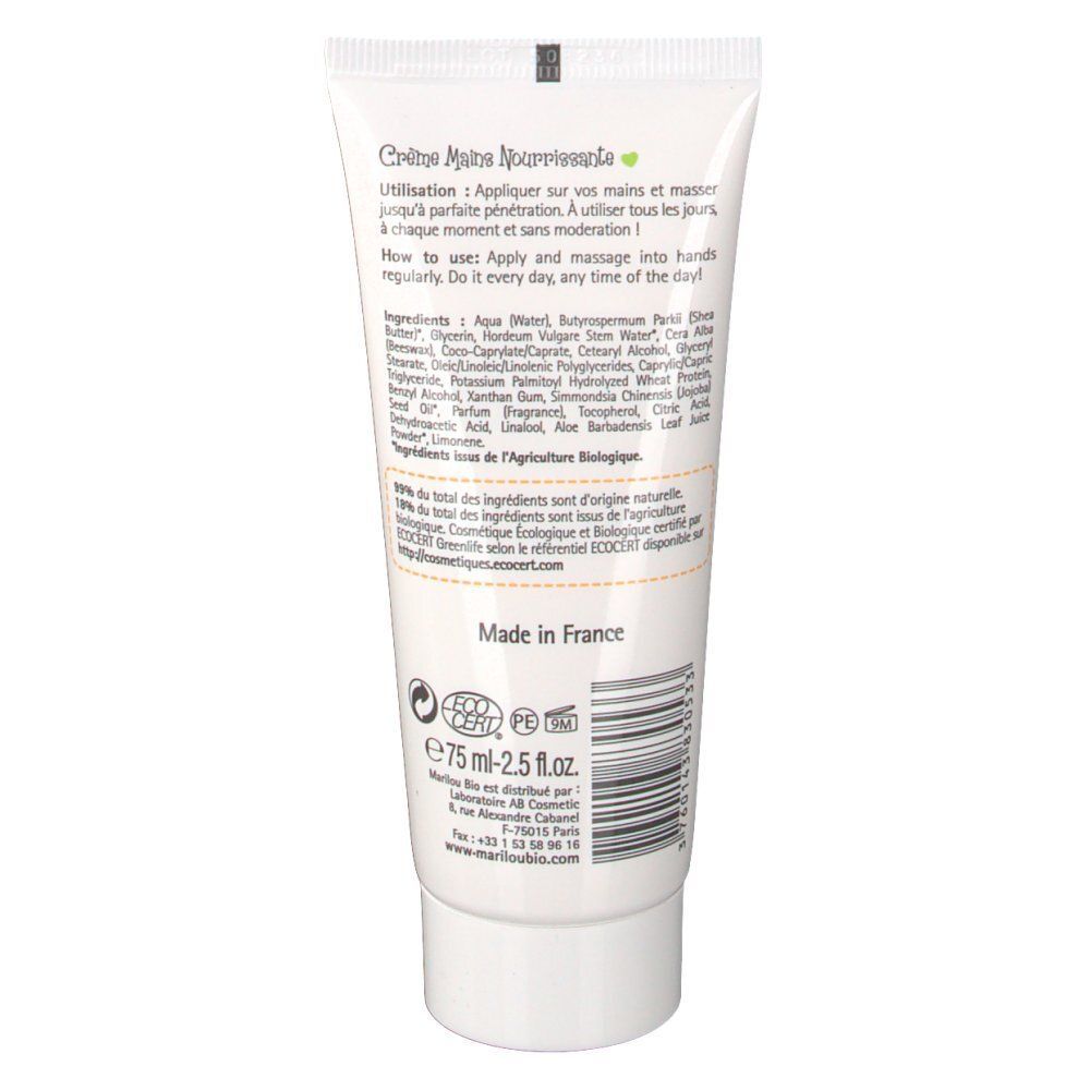 Weiße Tube mit Handcreme, 75 ml. Enthält ECO-CERT-Siegel und Made in France Aufschrift.