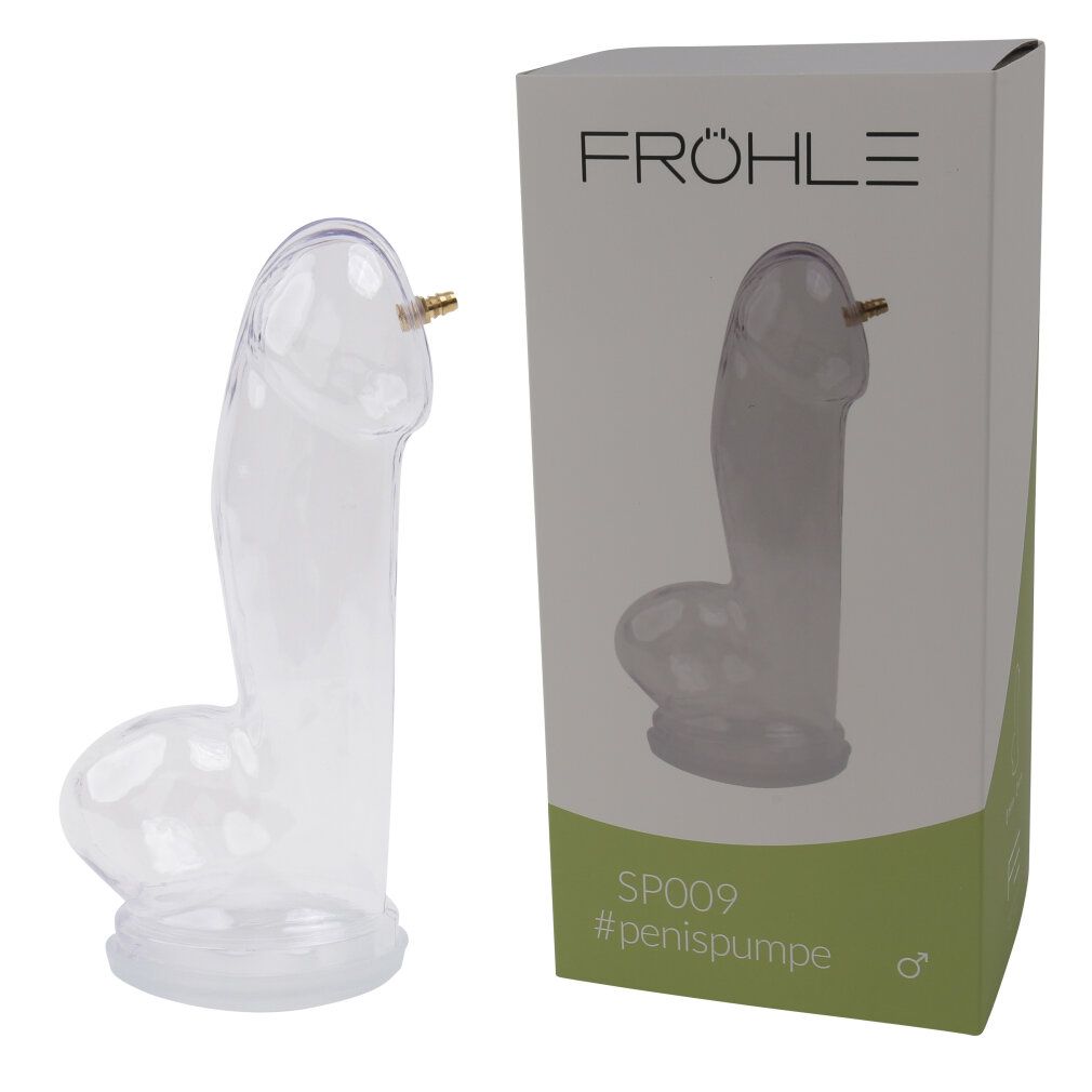 Penis-Zylinder mit Verpackung. Auf der Verpackung steht "FRÖHLE", "SP009 #penispumpe".