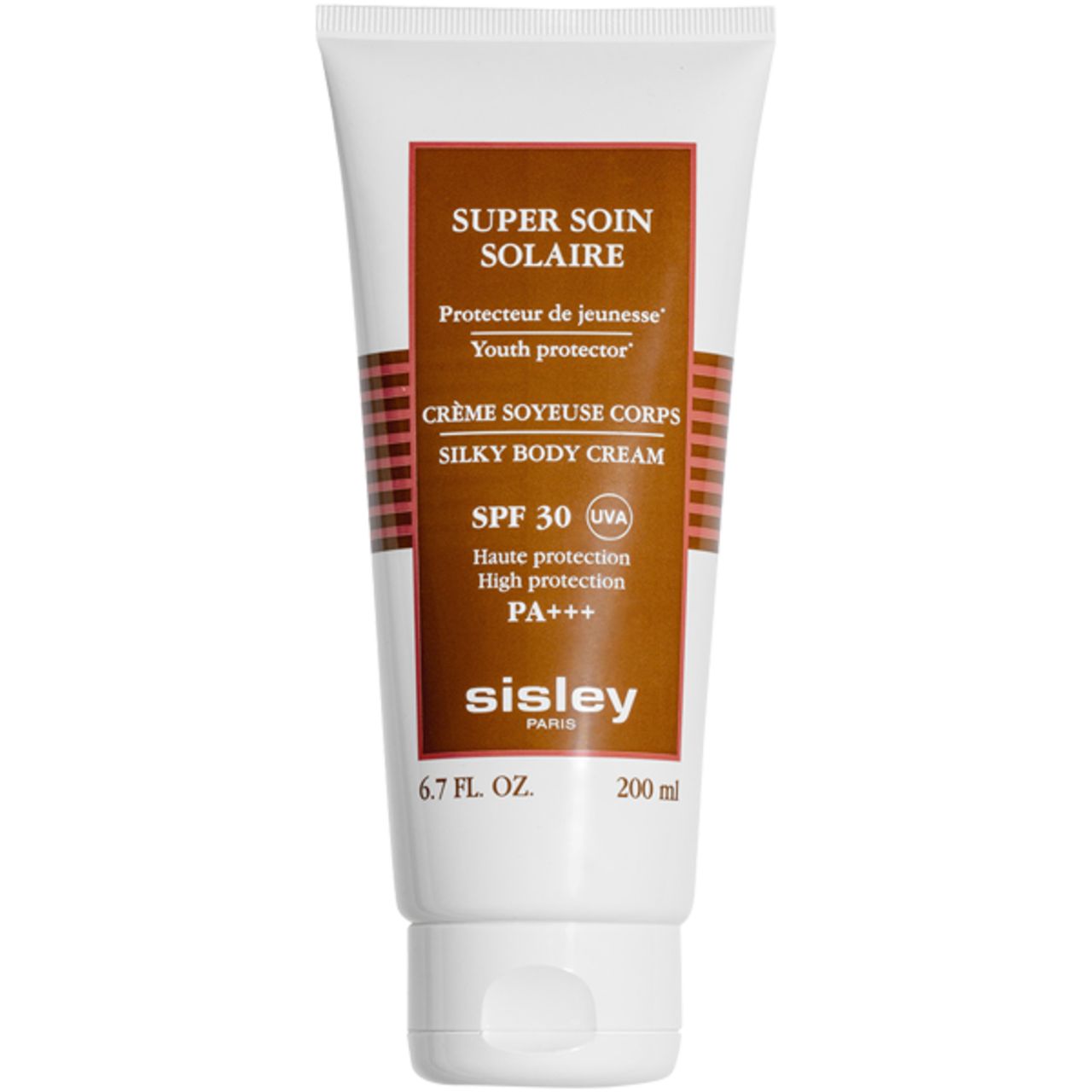 Weiße Tube mit braunem Etikett. Text: Super Soin Solaire, Crème Soyeuse Corps SPF 30, Sisley. 6.7 FL. OZ. und 200 ml.