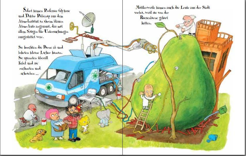 Doppelseite aus einem Kinderbuch. Illustration mit Figuren, Fahrzeugen und einer Birne. Text in deutscher Sprache.
