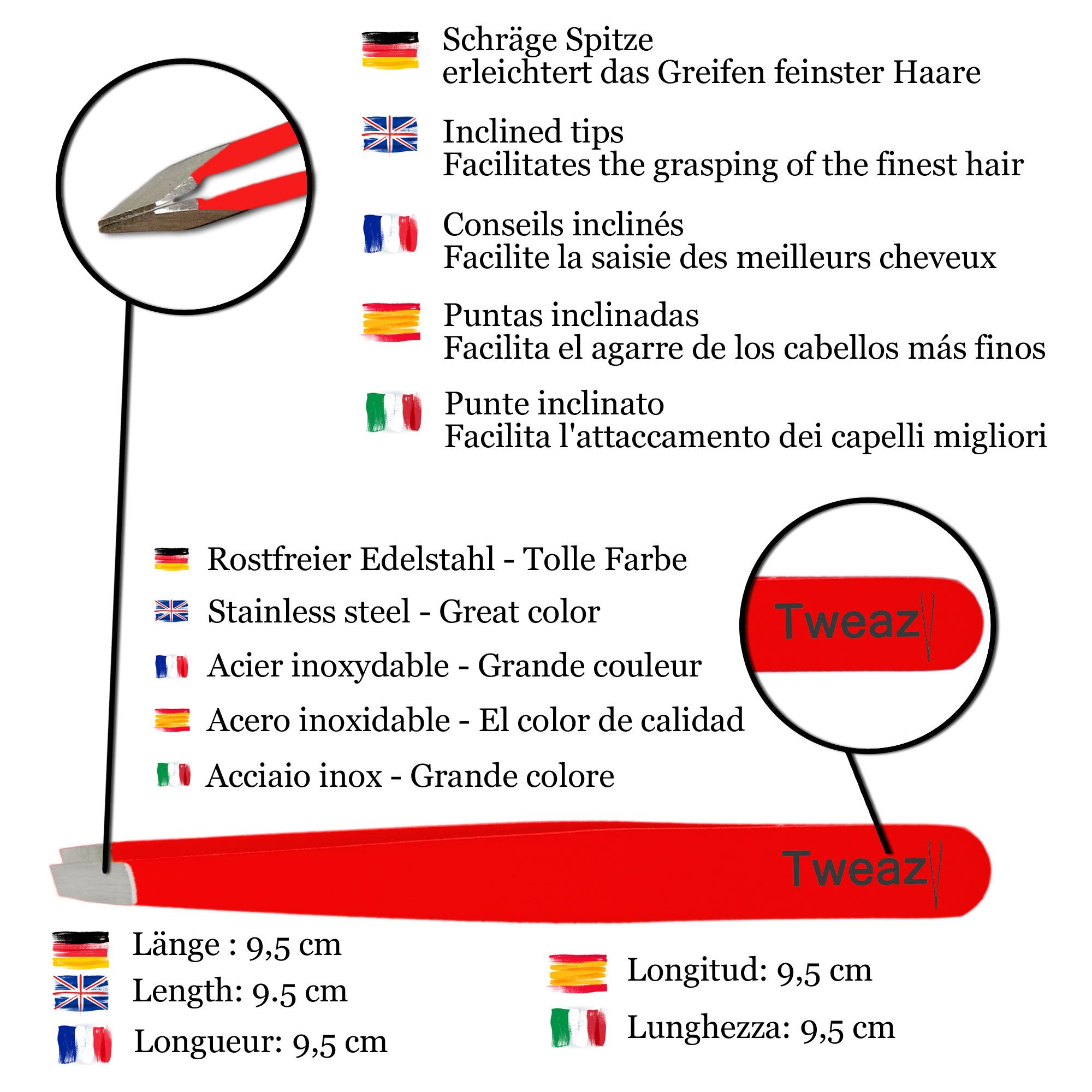 K-Pro TWEAZY Pinzette zum Augenbrauen zupfen Haarentfernung Schräg (Neon Rot)
