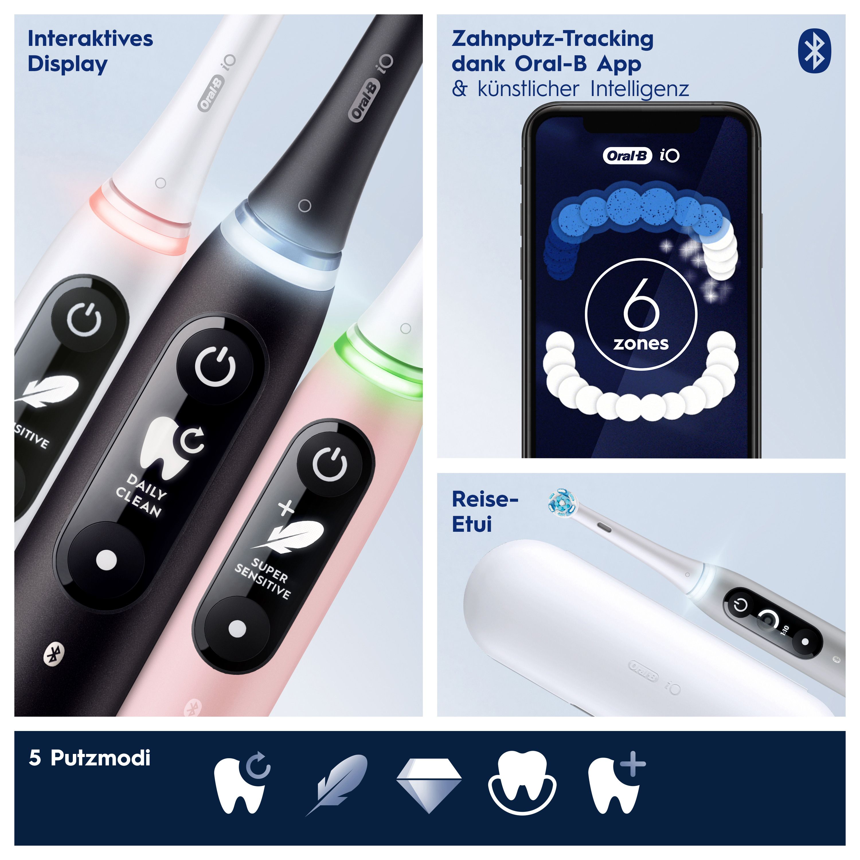 Drei elektrische Zahnbürsten mit Display. Pink, schwarz und weiß. App-Anzeige. Reiseetui. 5 Putzmodi. Oral-B iO.