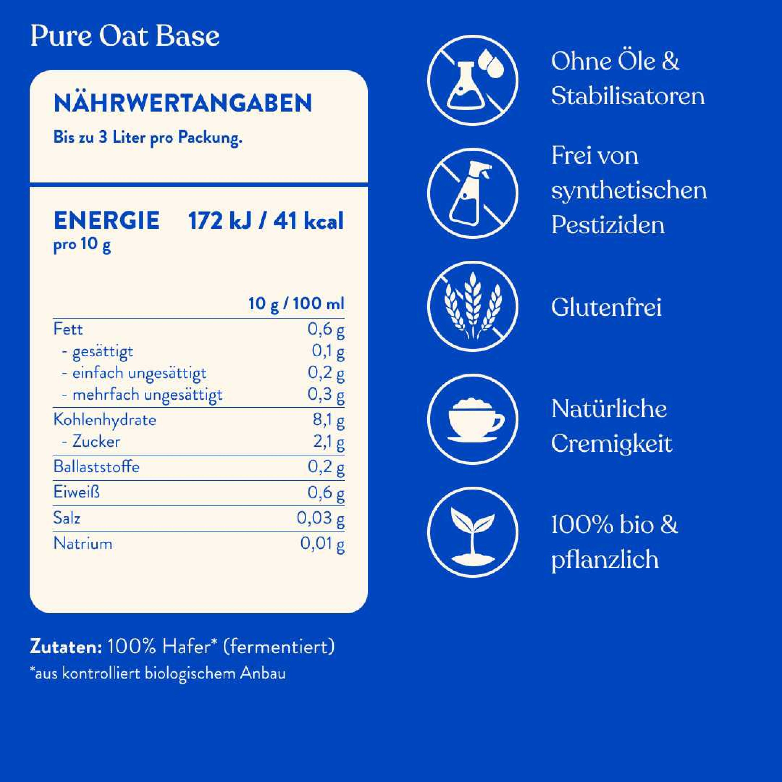 Nährwertangaben auf blauem Hintergrund. Energie, Fett, Kohlenhydrate, Zucker, Ballaststoffe, Eiweiß, Salz, Natrium. Glutenfrei.