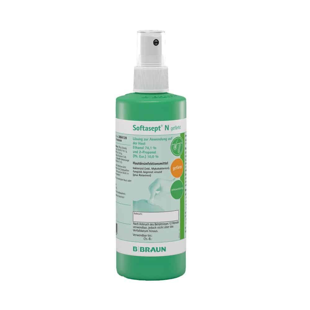 Grüne Flasche mit Sprühkopf. Beschriftung: Softasept N, Hautdesinfektionsmittel. Marke: B. Braun.