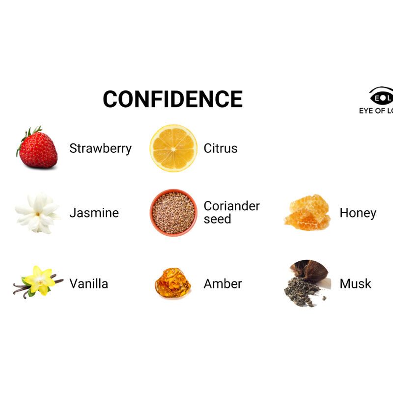 Grafische Darstellung von Inhaltsstoffen: Erdbeere, Zitrone, Jasmin, Koriandersamen, Honig, Vanille, Amber, Moschus.