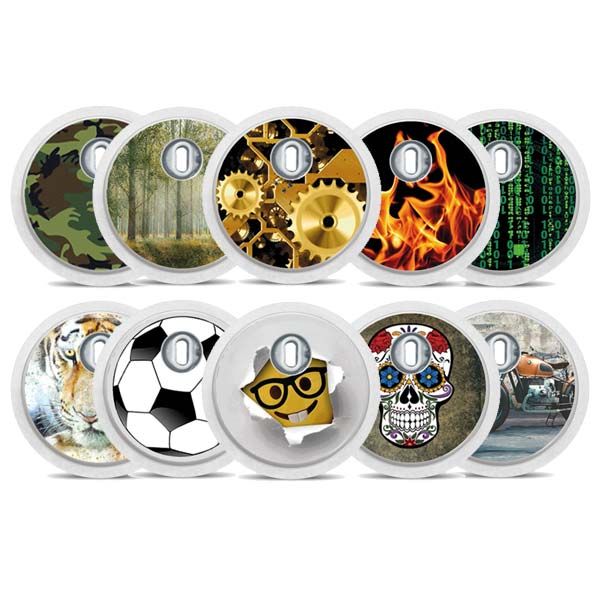 Runde Aufkleber mit verschiedenen Designs. Gezeigt werden: Camouflage, Wald, Zahnräder, Flammen, Code, Tiger, Fußball, Smiley, Totenkopf, Motorrad.