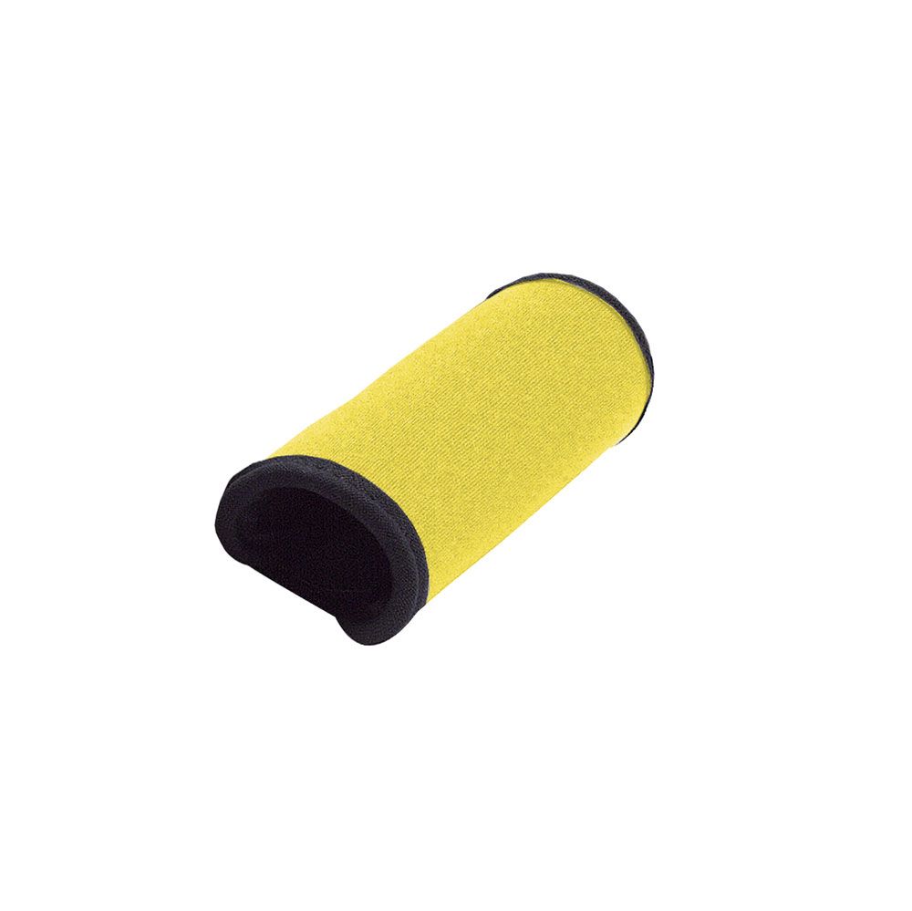 Gelbes Griffpolster aus Neopren mit schwarzem Rand und Klettverschluss. Ergonomische Form.