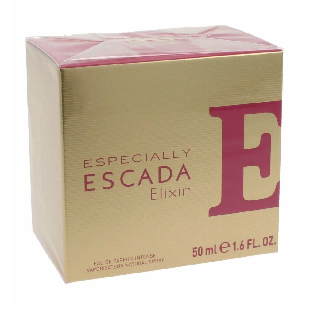 Goldfarbener Karton mit rosa Deckel. Aufschrift: ESCADA Especially Elixir. Flasche mit 50 ml.