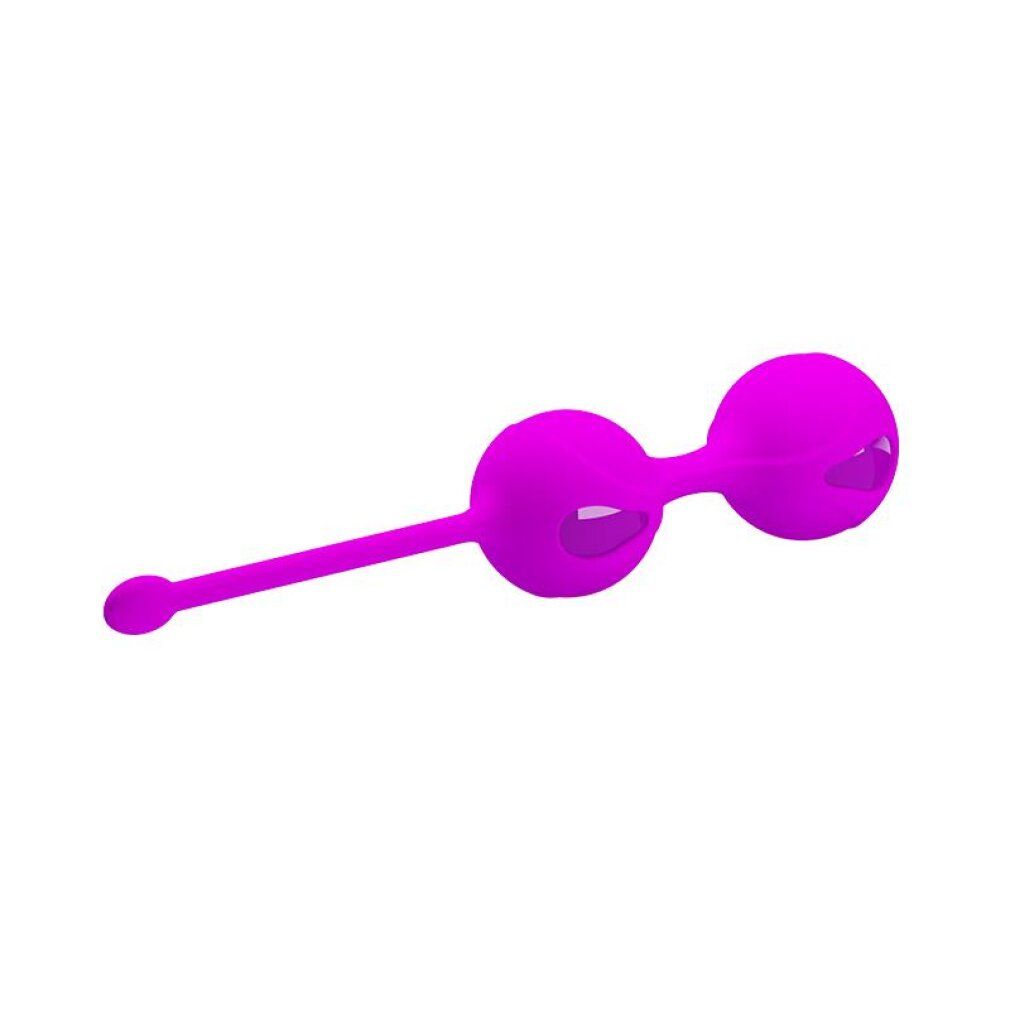 Lila Kegelball-Set mit zwei Kugeln und einer Schnur, seitliche Ansicht.