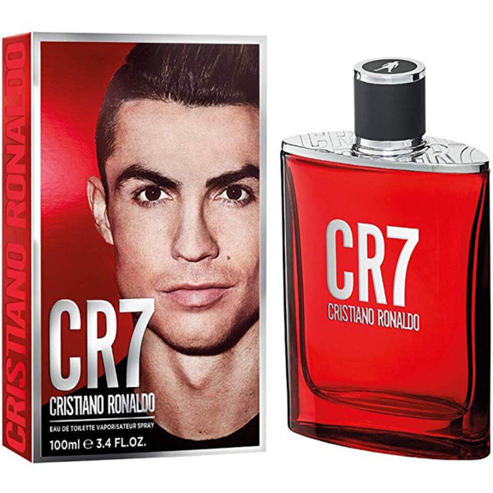 Produkt und Verpackung nebeneinander. Ronaldo-Porträt und roter Flakon.