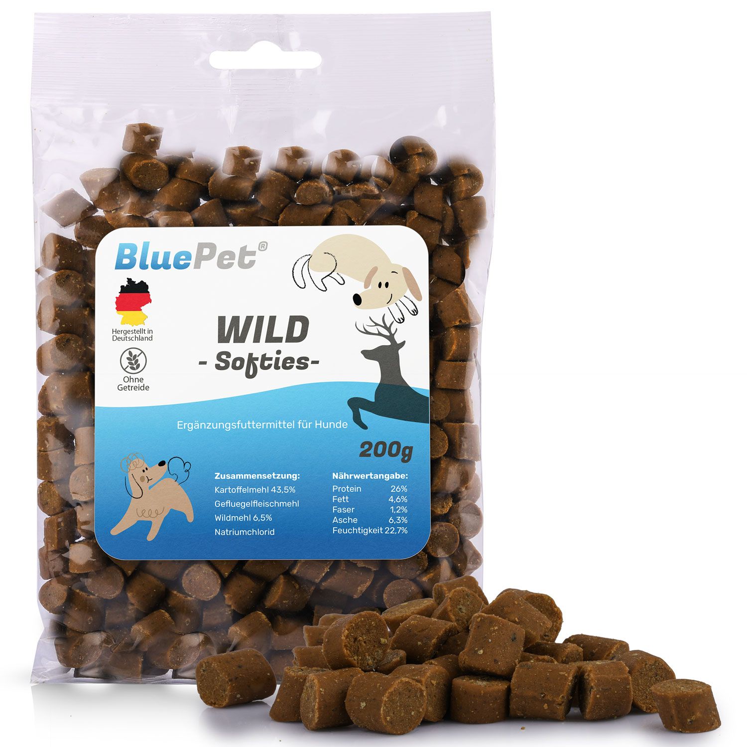BluePet Softies Wild - Softies. Ergänzungsfuttermittel für Hunde. 200g Packung. Braune, würfelförmige Leckerlis. Zusammensetzung und Nährwertangaben.