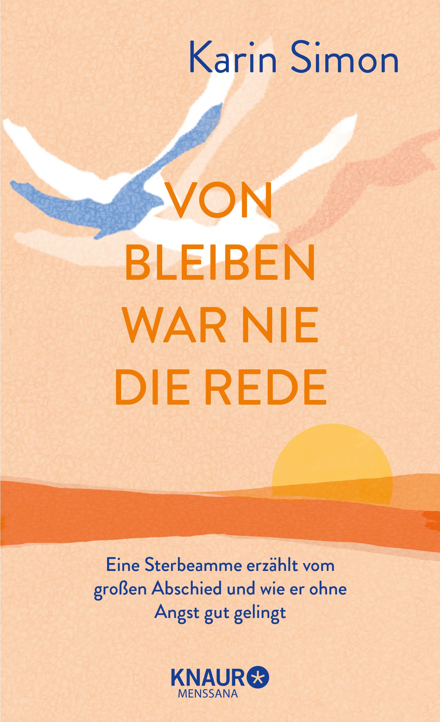 Buchcover mit Titel "Von Bleiben war nie die Rede" von Karin Simon. Orangefarbener Hintergrund mit Sonne und Vögeln.