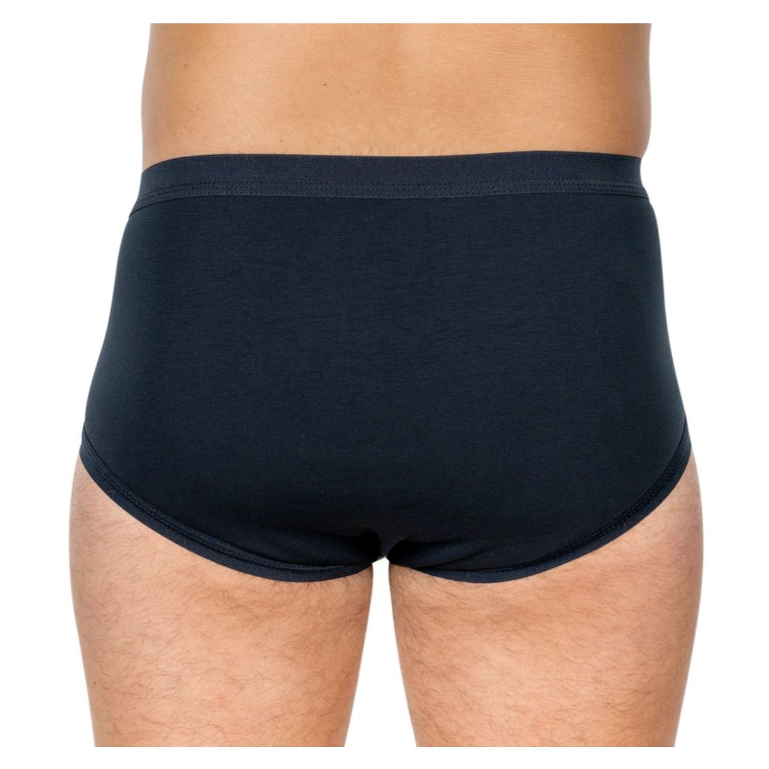 Dunkelblaue Slip-Unterhose. Rückansicht. Hoher Bund, Baumwollstoff.