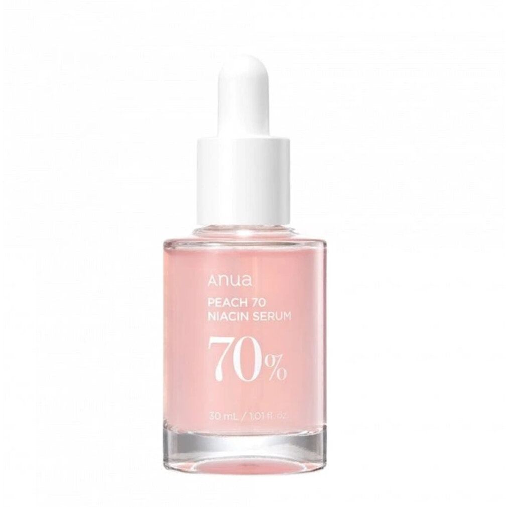 ANUA Pfirsich 70 Niacinamid Serum Flasche auf weißem Hintergrund.