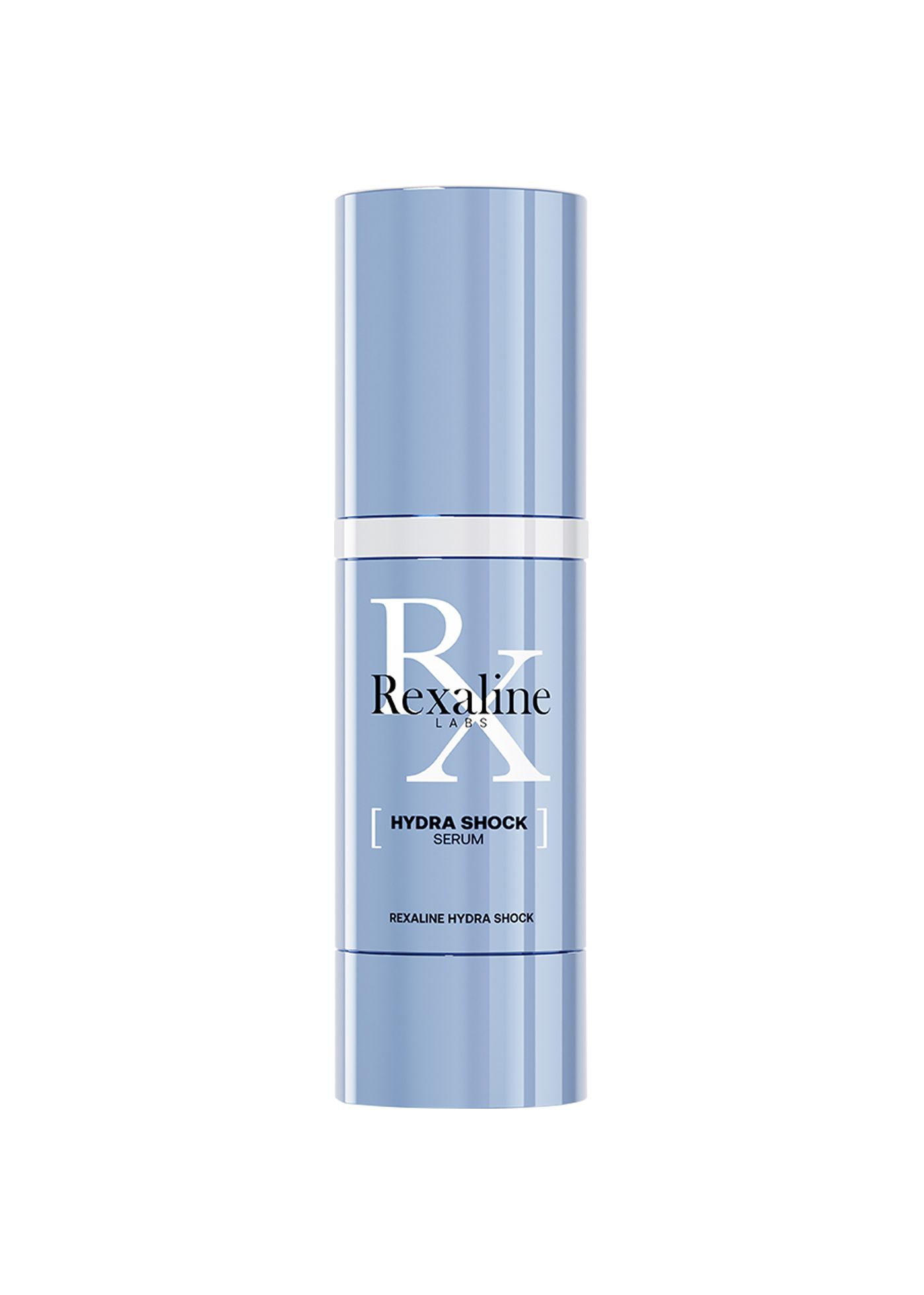 Hellblaues Serum mit weißer Schrift. Aufschrift: Rexaline, Hydra Shock Serum. Zylindrische Form.
