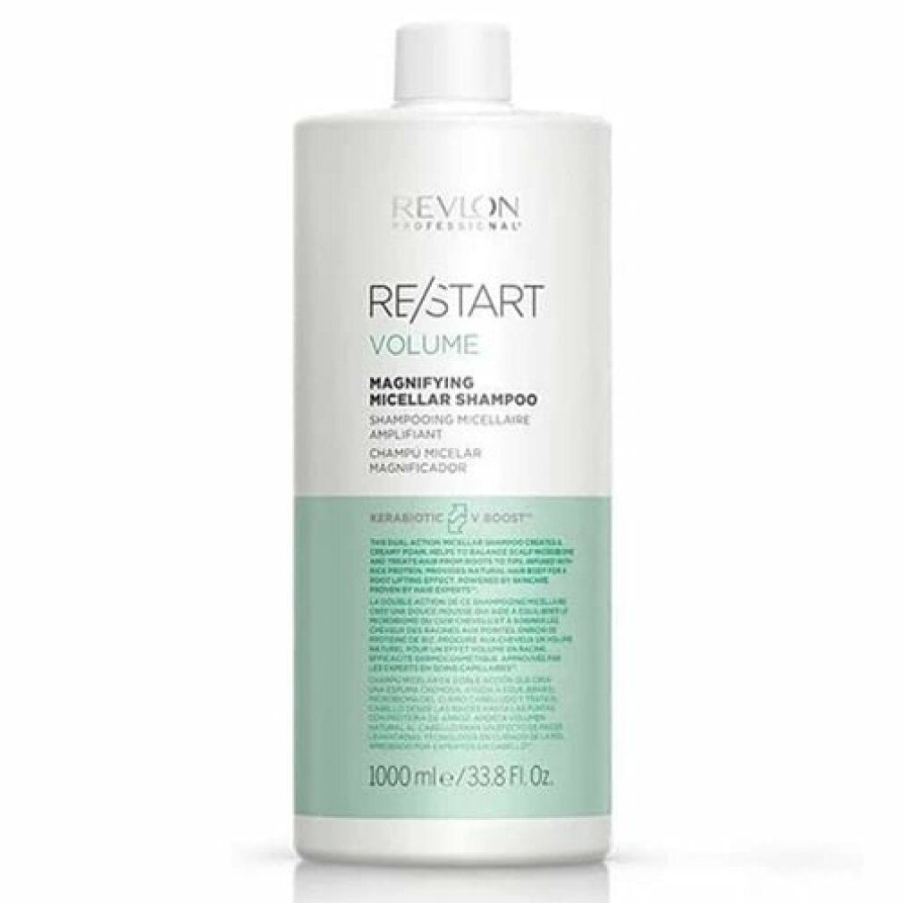 Weißes Shampoo-Behältnis mit grünem Etikett. Text: Revlon Re-Start Volume Magnifying Micellar Shampoo. 1000 ml.