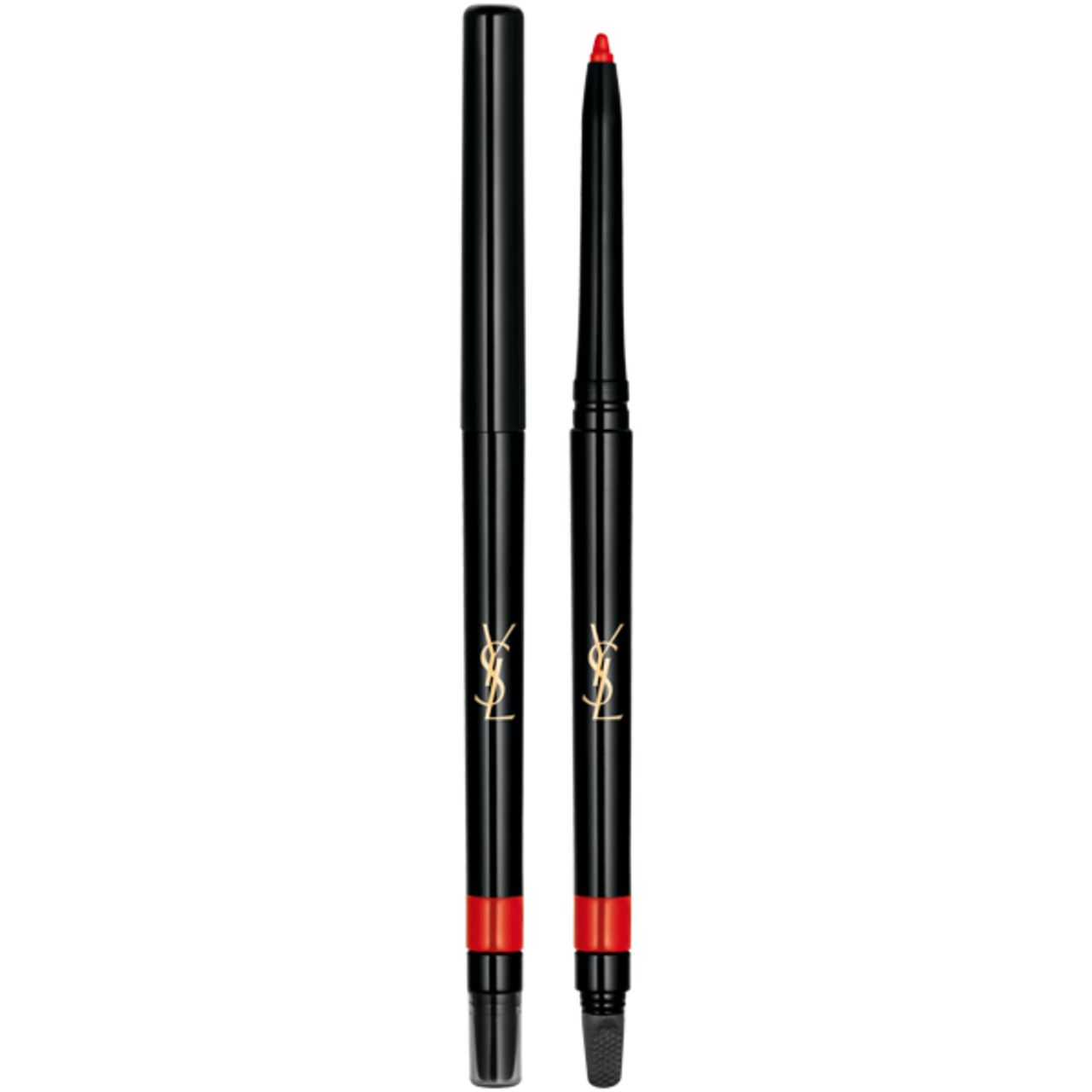 Lippenstift-Styler, geschlossen und offen. Schwarzer Stift mit roter Spitze. Goldfarbenes Logo. YSL-Logo.