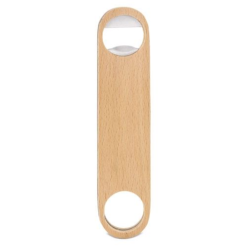 Flaschenöffner aus Holz. Rechteckig mit Öffnung an beiden Enden. Metall-Öffner. Helles Holz. Draufsicht.