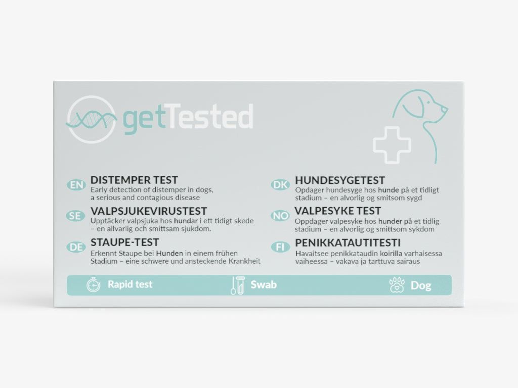 GetTested Staupe-Test für Hunde. Karton mit Text und Illustrationen. Enthält einen Schnelltest und einen Tupfer.
