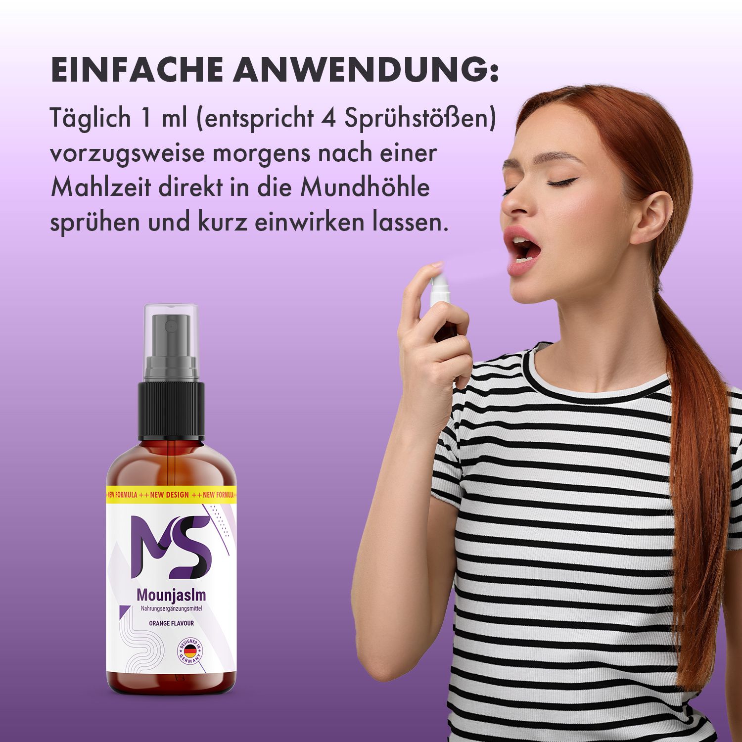 Frau sprüht Flüssigkeit aus einer braunen Sprühflasche in ihren Mund. Aufschrift MS, Mounjaslm, Orange Flavour. Mit Aufdruck "Designed in Germany".