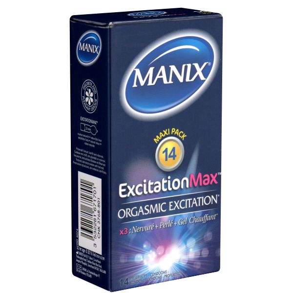 Dunkelblaue Verpackung mit MANIX-Logo und Produktbezeichnung Excitation Max. Enthält 14 Kondome.