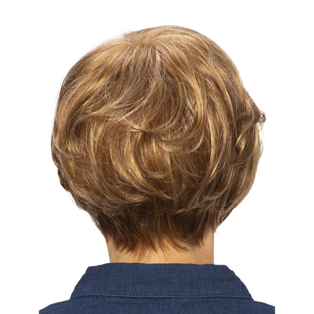 Perücke Rosalie von trendhair. Kurze, blonde Kunsthaarperücke. Rückansicht.