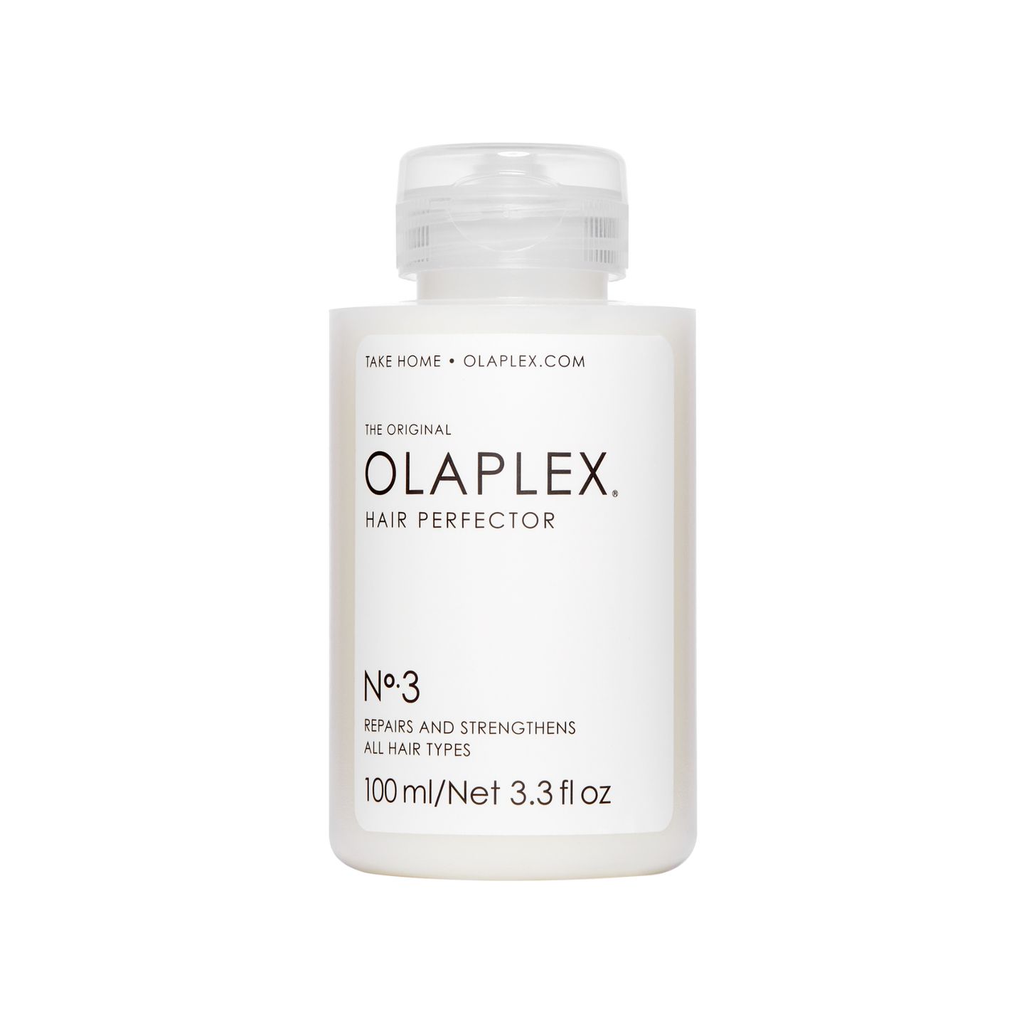 Flacone bianco Olaplex No.3 Hair Perfector con tappo a flip-top. Etichetta con testo: Olaplex, No.3, e altre informazioni. Capacità: 100 ml.
