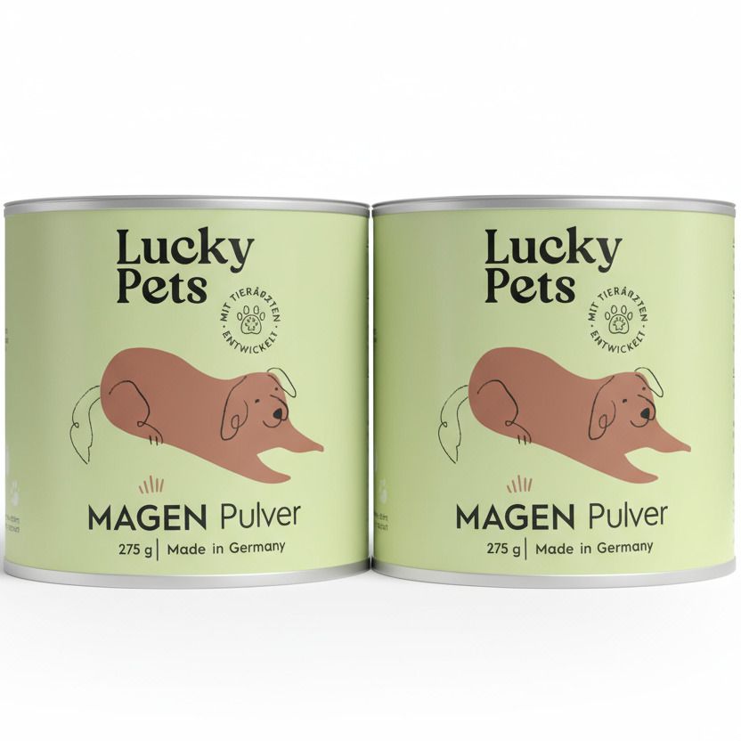 Zwei Dosen Lucky Pets Magen Pulver. Aufschrift: Magen Pulver, 275 g, Made in Germany. Mit Tierärzten entwickelt.